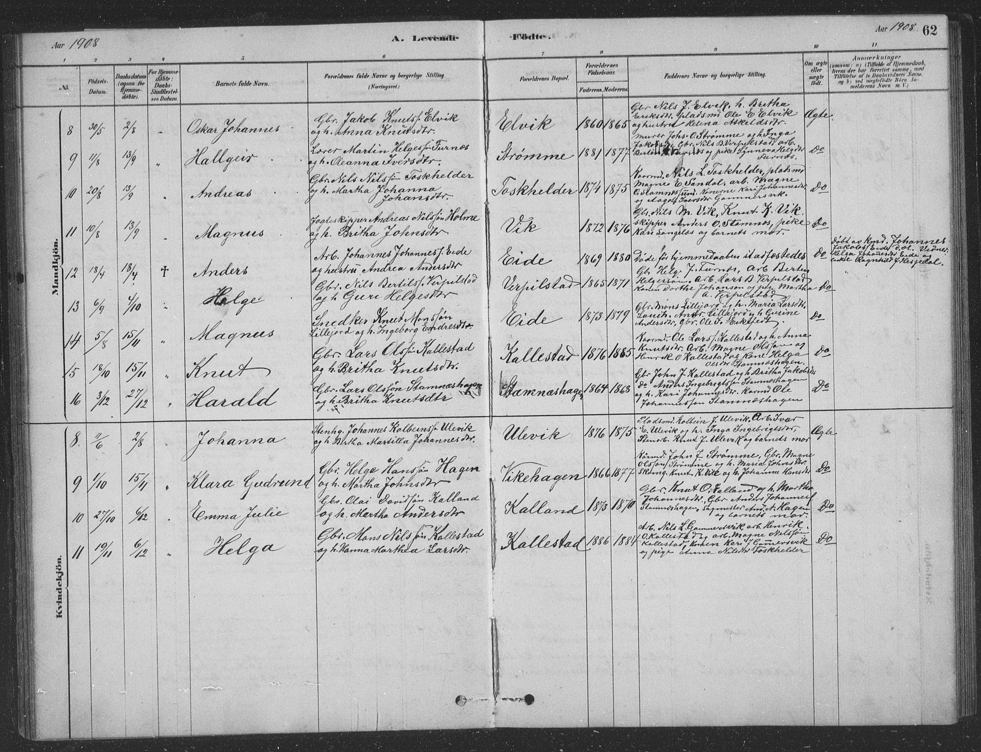 Vaksdal Sokneprestembete, AV/SAB-A-78901/H/Hab: Parish register (copy) no. D 1, 1878-1939, p. 62