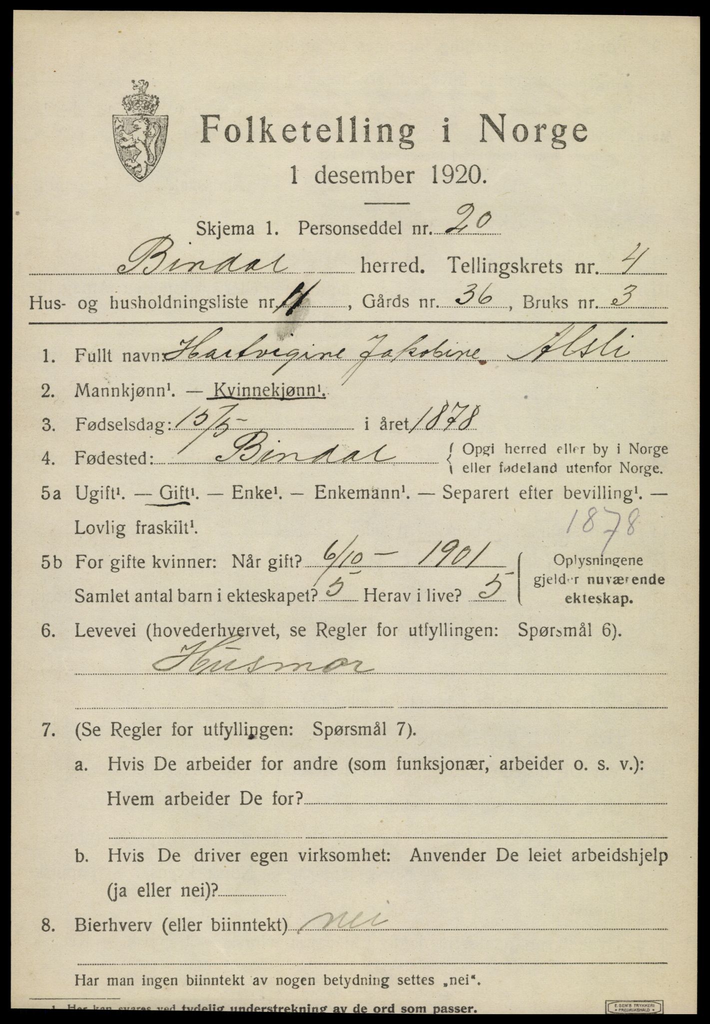 SAT, 1920 census for Bindal, 1920, p. 3497