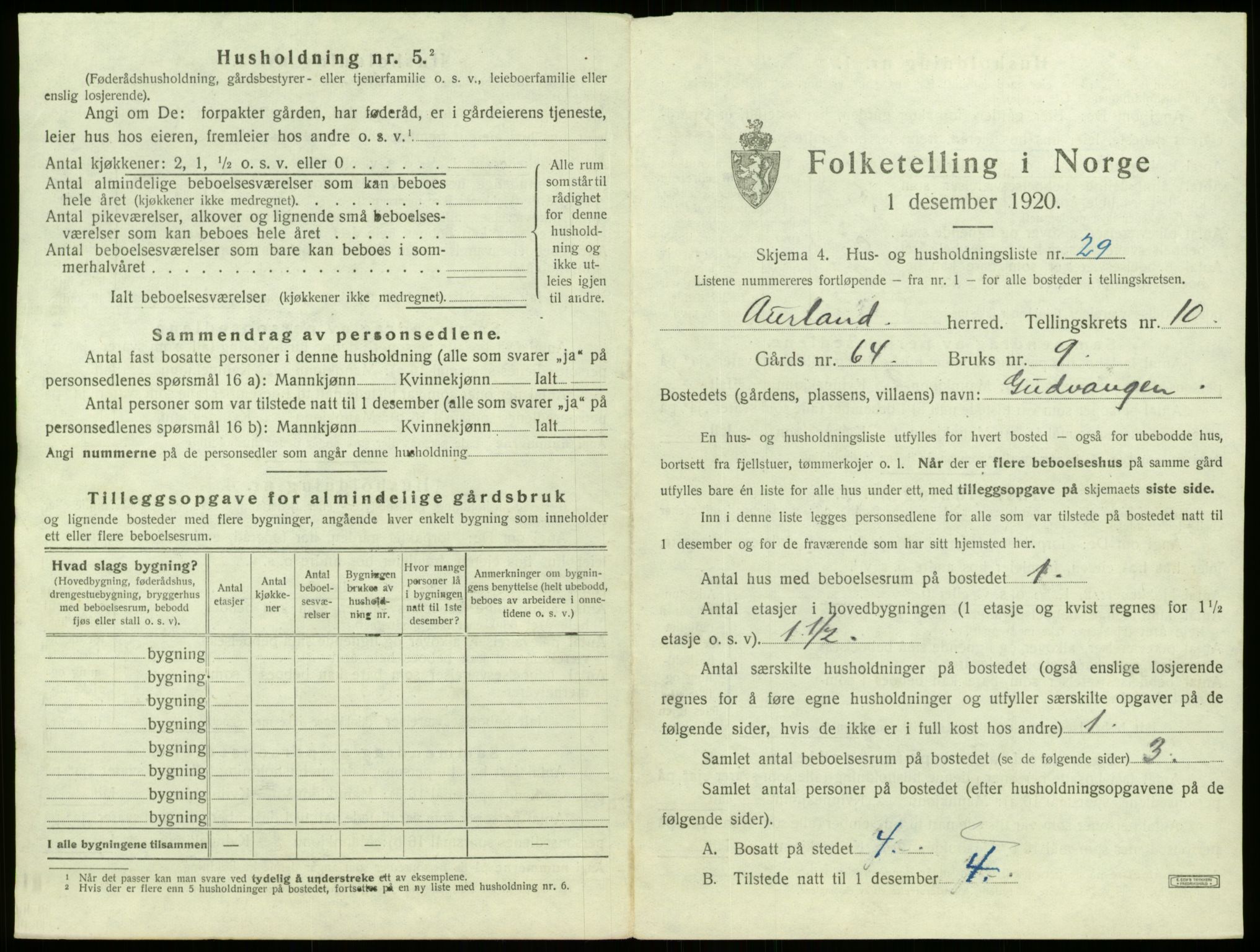 SAB, 1920 census for Aurland, 1920, p. 790