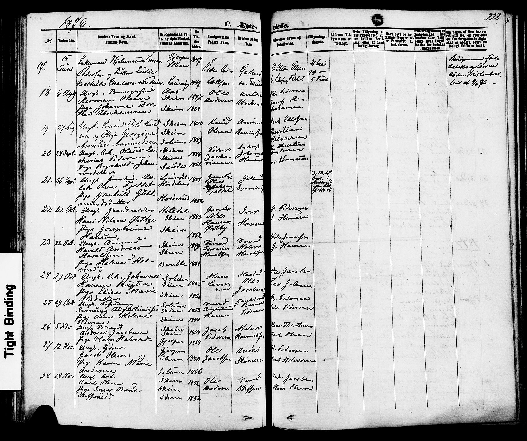Skien kirkebøker, SAKO/A-302/F/Fa/L0008: Parish register (official) no. 8, 1866-1877, p. 222