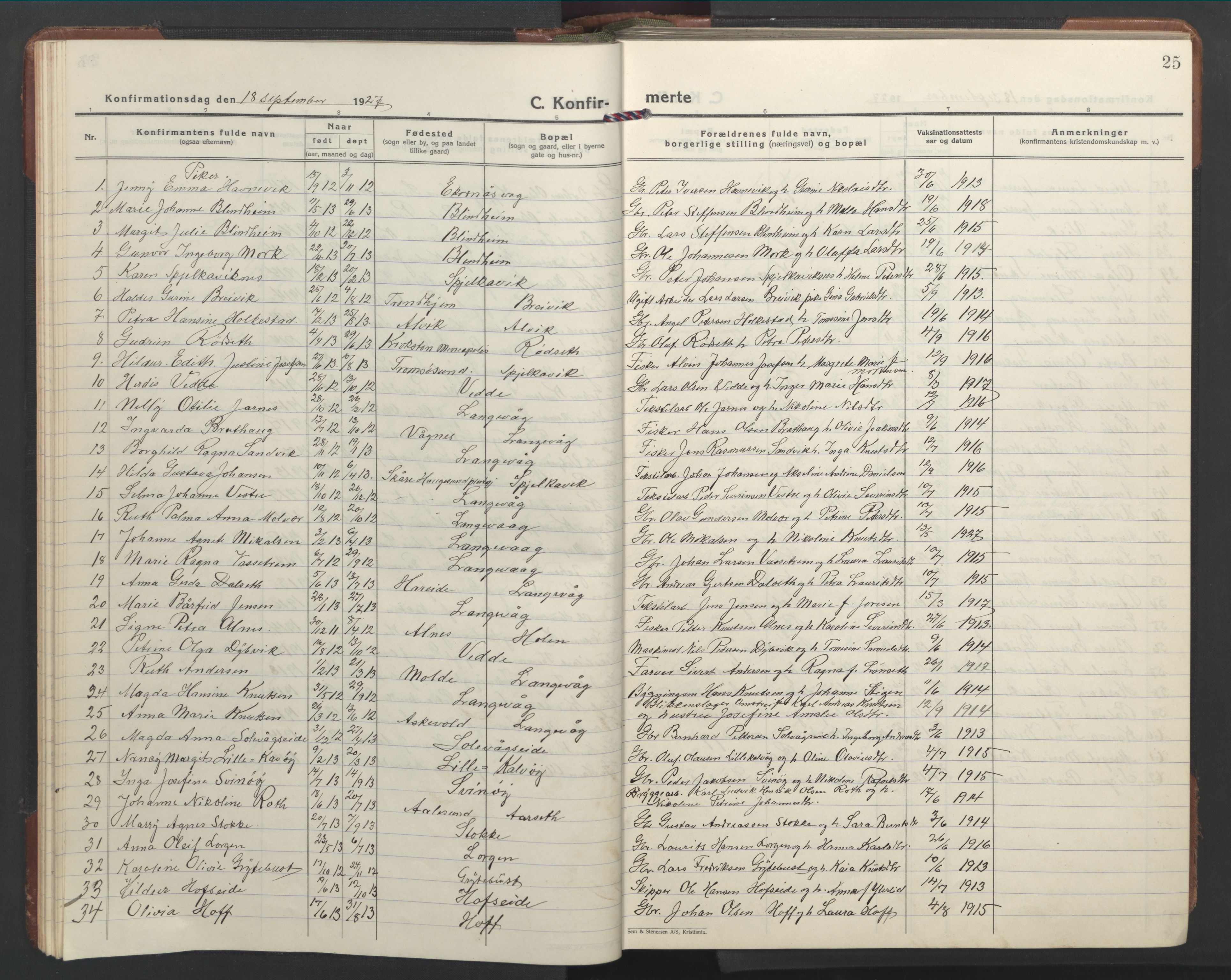 Ministerialprotokoller, klokkerbøker og fødselsregistre - Møre og Romsdal, AV/SAT-A-1454/528/L0435: Parish register (copy) no. 528C16, 1923-1957, p. 25