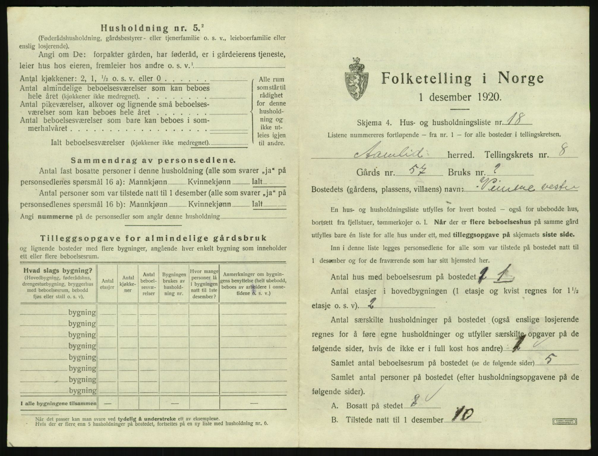 SAK, 1920 census for Åmli, 1920, p. 509