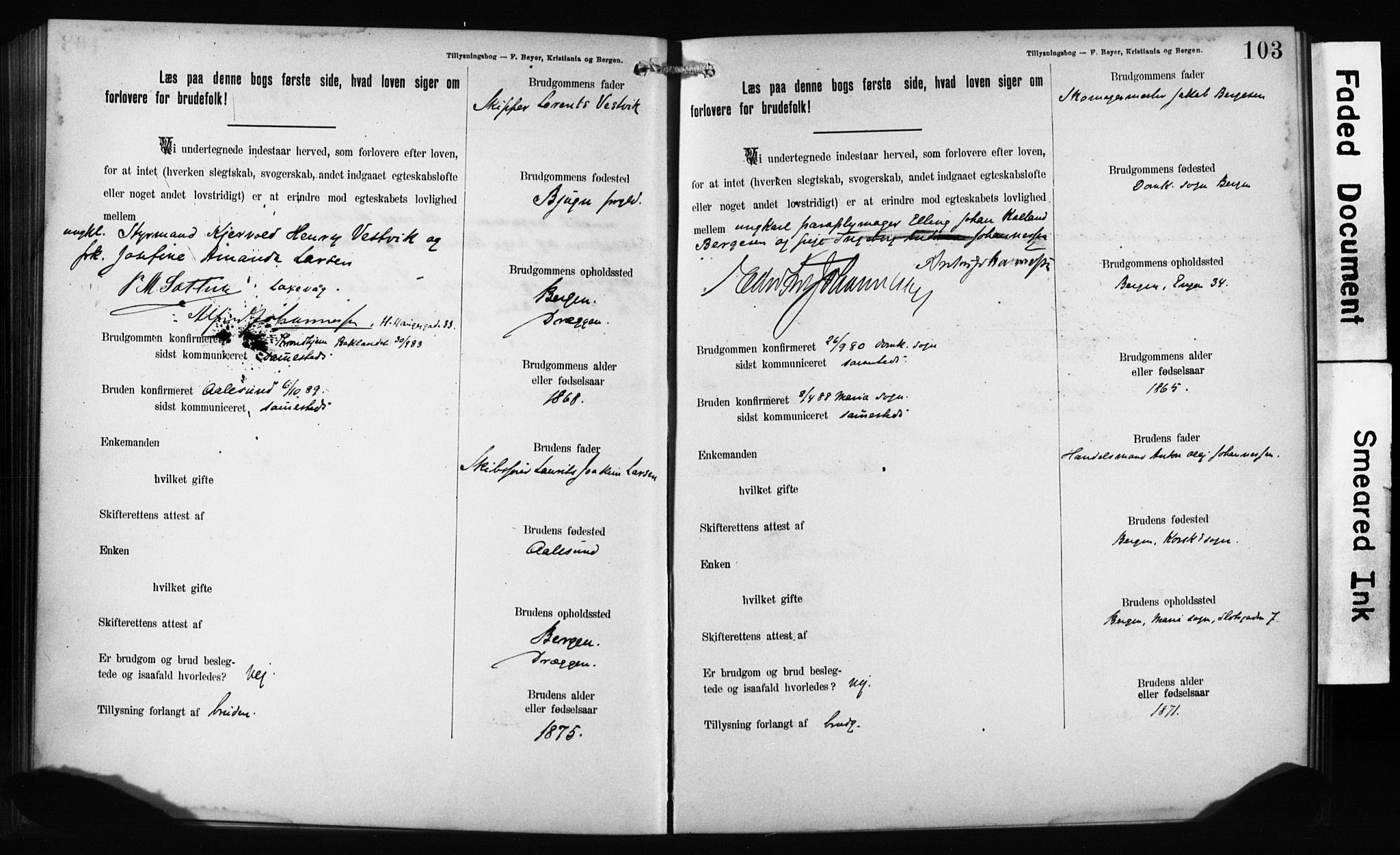 Mariakirken Sokneprestembete, AV/SAB-A-76901: Best man's statements no. II.5.1, 1891-1901, p. 103