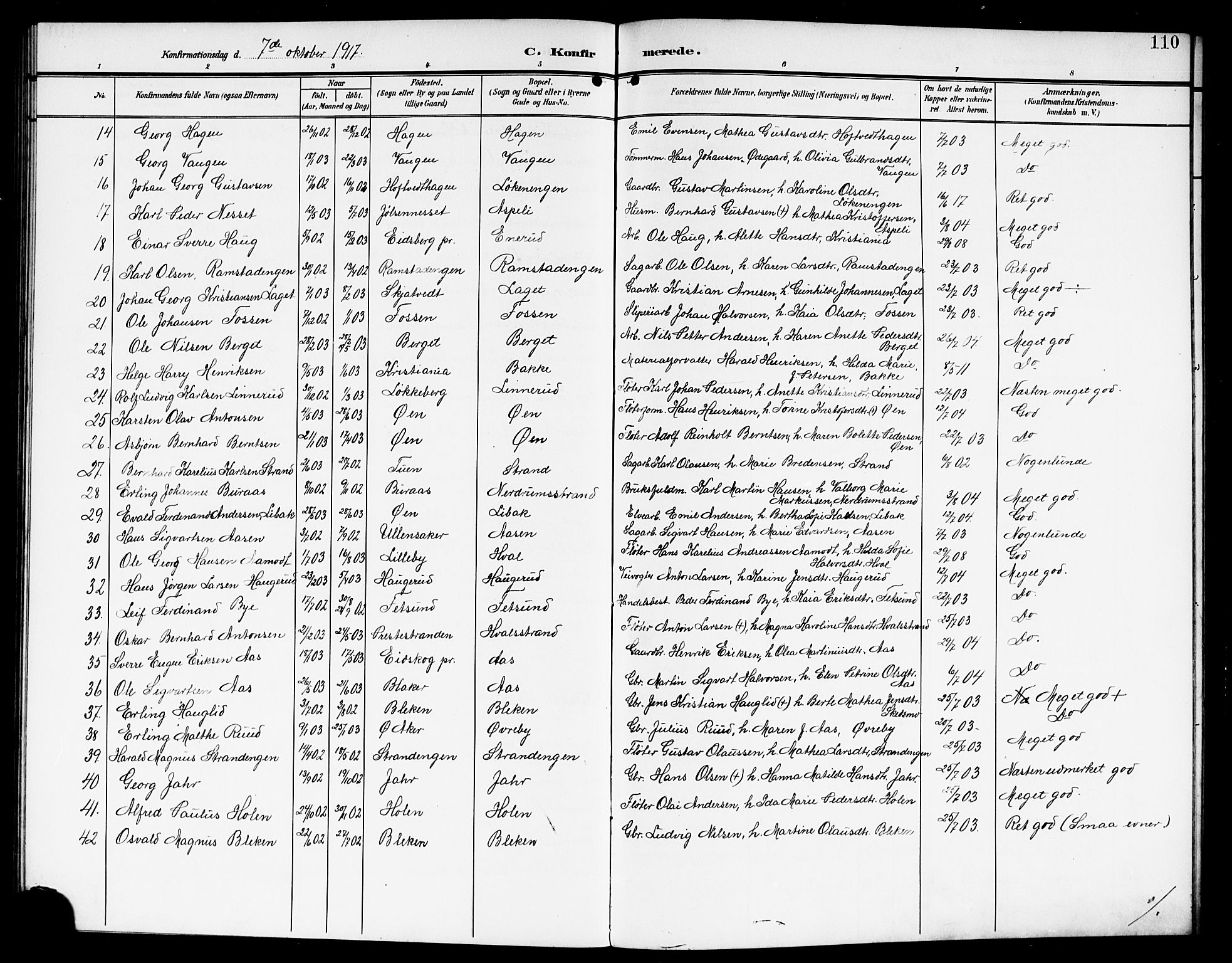 Fet prestekontor Kirkebøker, AV/SAO-A-10370a/G/Ga/L0008: Parish register (copy) no. I 8, 1907-1920, p. 110