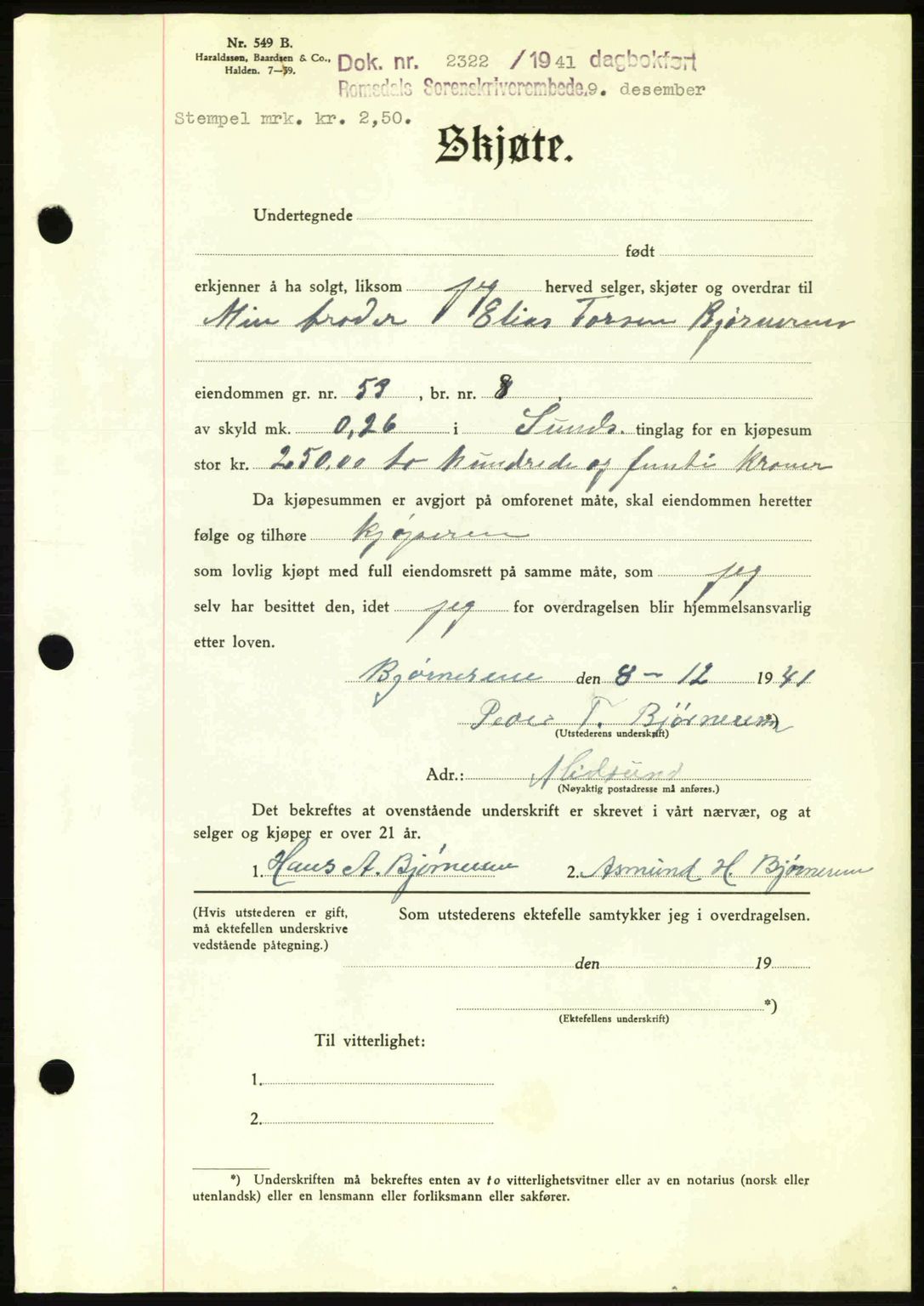 Romsdal sorenskriveri, AV/SAT-A-4149/1/2/2C: Mortgage book no. A11, 1941-1942, Diary no: : 2422/1941