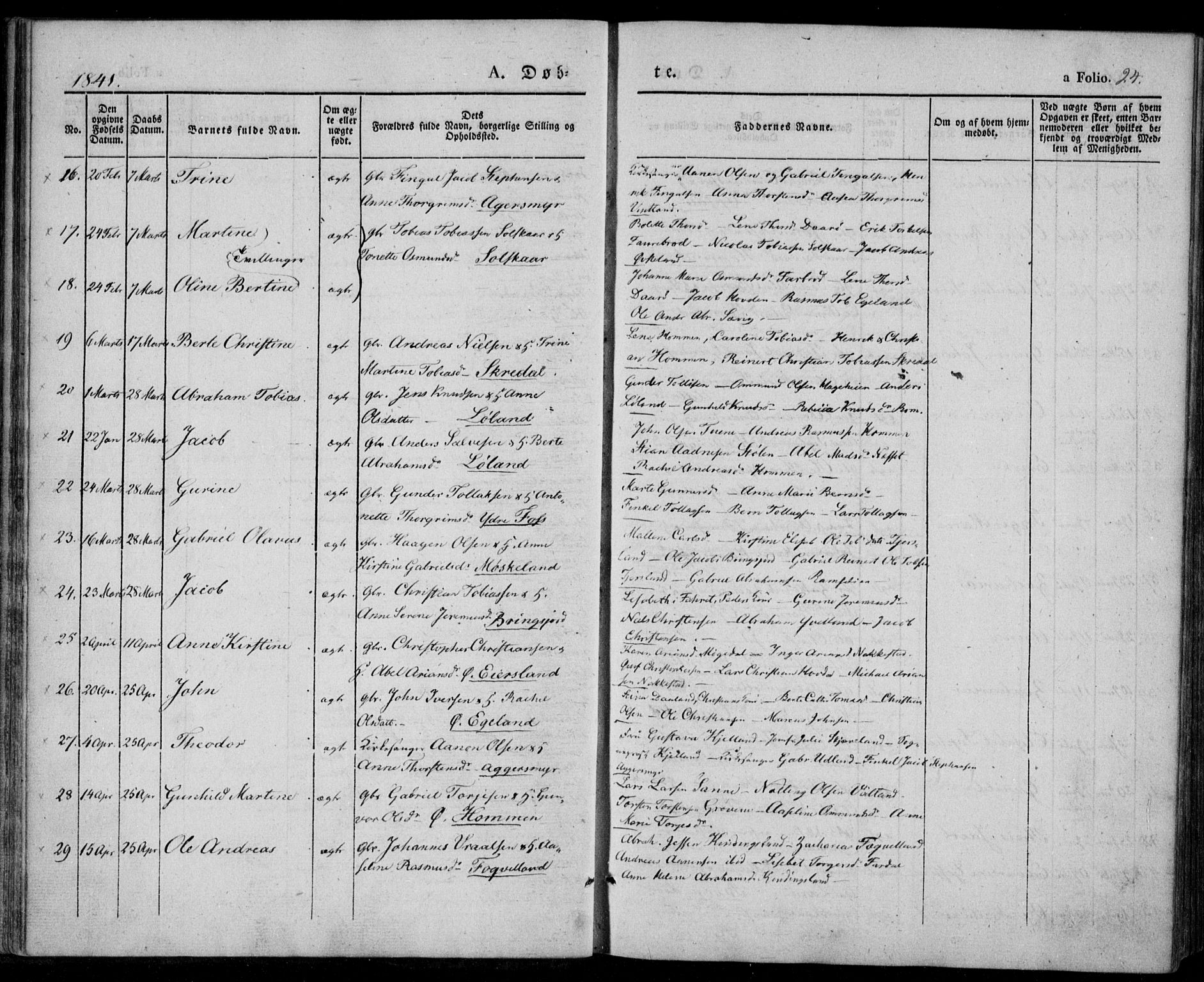 Lyngdal sokneprestkontor, SAK/1111-0029/F/Fa/Fac/L0008: Parish register (official) no. A 8, 1837-1852, p. 24