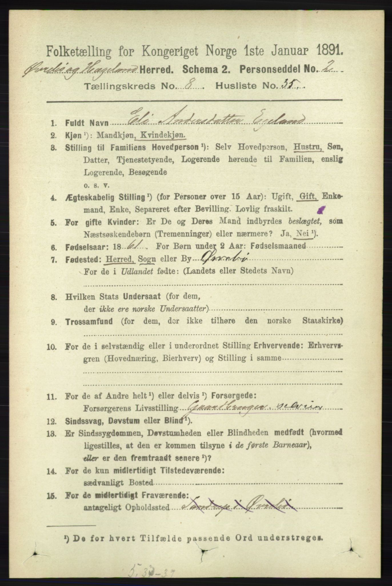 RA, 1891 census for 1016 Øvrebø og Hægeland, 1891, p. 1661