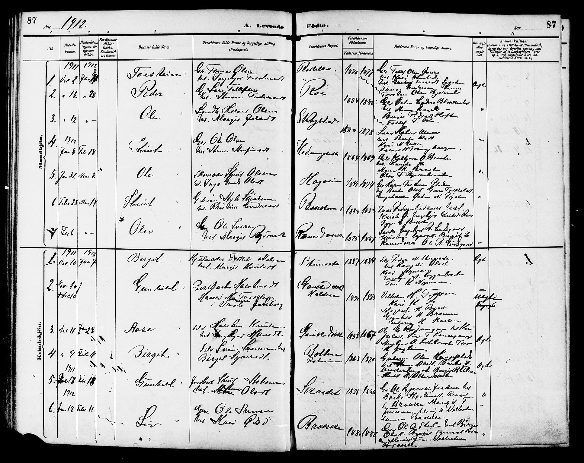 Gol kirkebøker, AV/SAKO-A-226/G/Ga/L0003: Parish register (copy) no. I 3, 1887-1914, p. 87