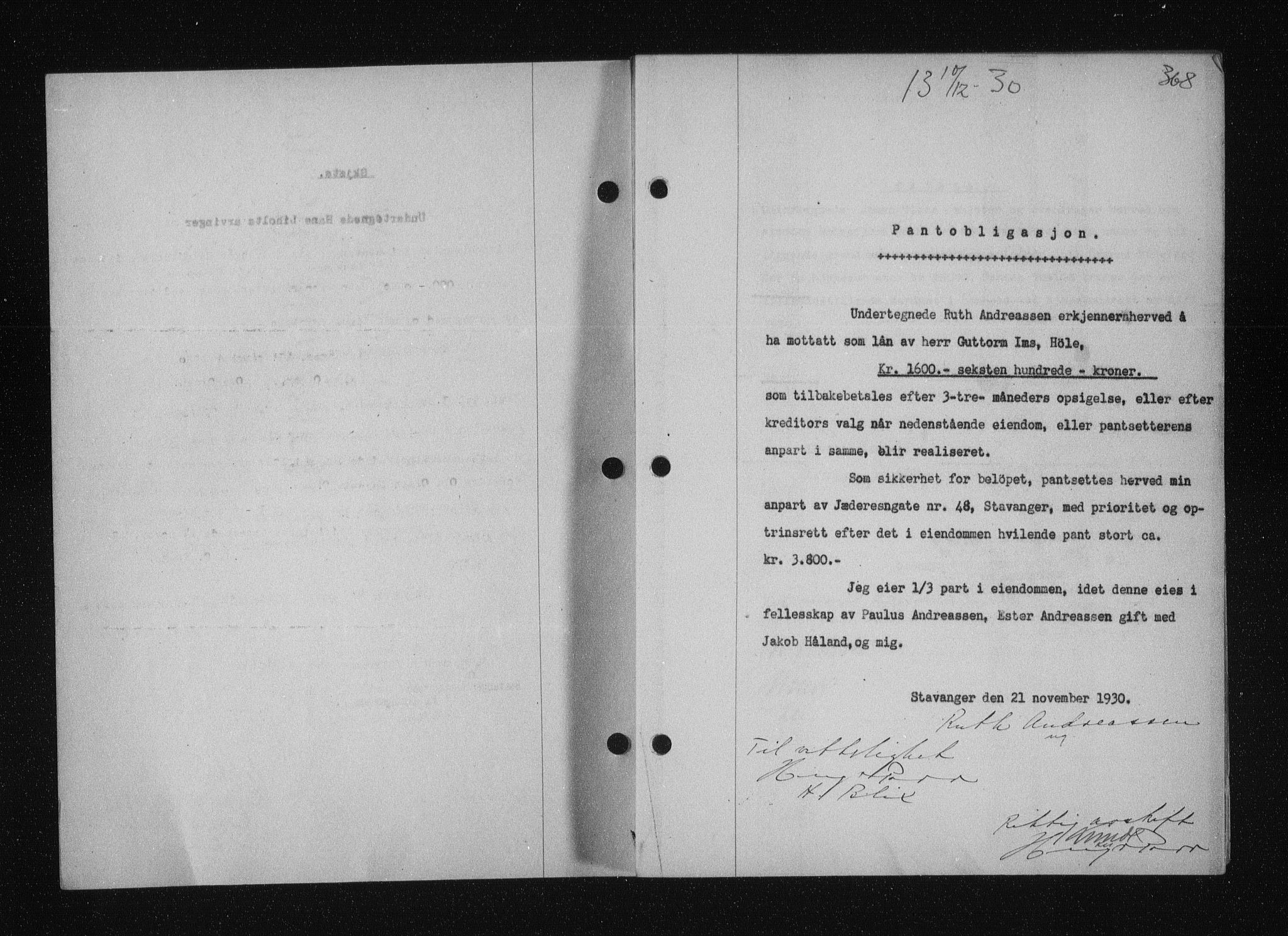 Stavanger byfogd, SAST/A-101408/001/4/41/410/410BB/L0058: Mortgage book no. 48, 1930-1931, Deed date: 10.12.1930