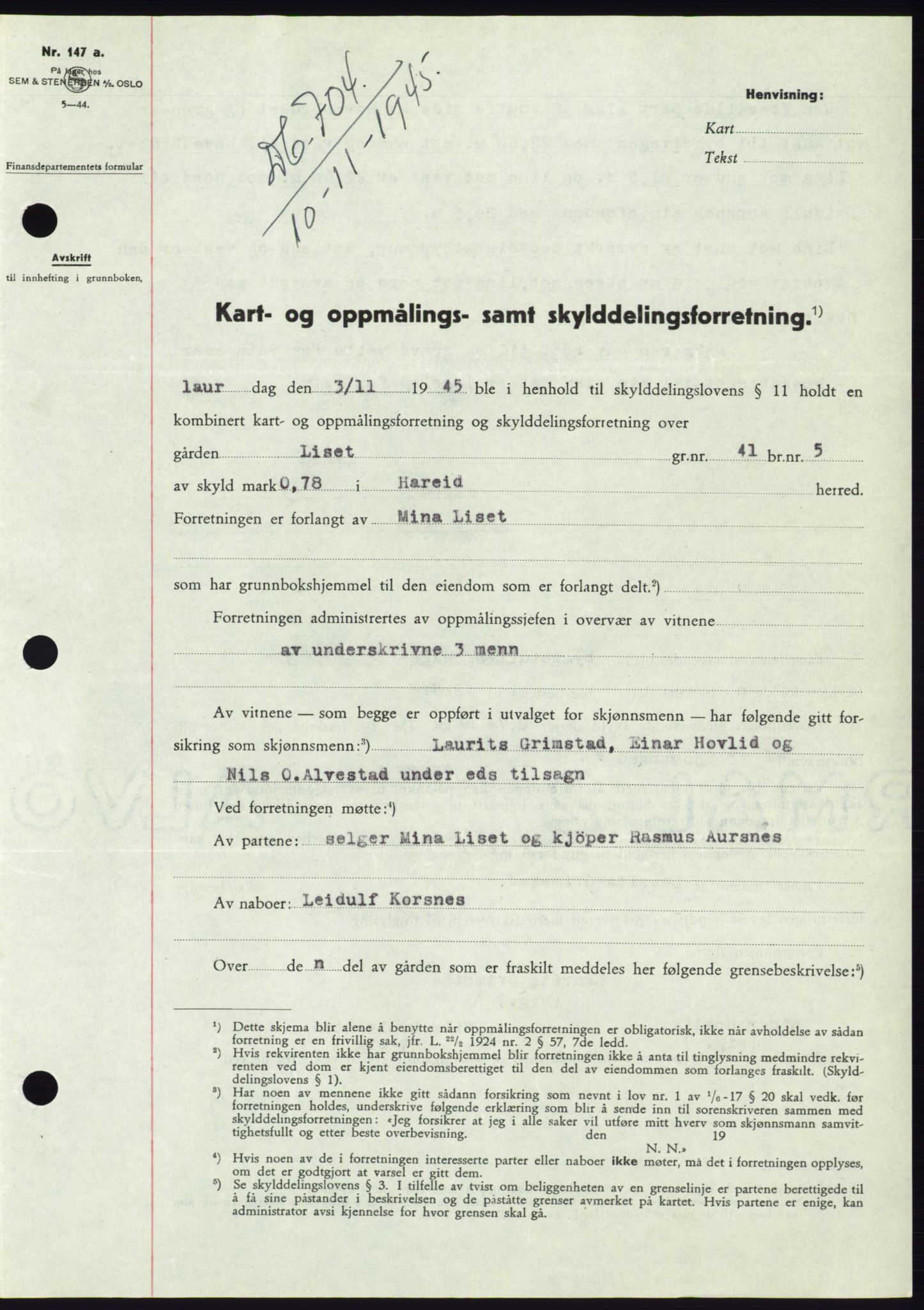 Søre Sunnmøre sorenskriveri, AV/SAT-A-4122/1/2/2C/L0077: Mortgage book no. 3A, 1945-1946, Diary no: : 704/1945