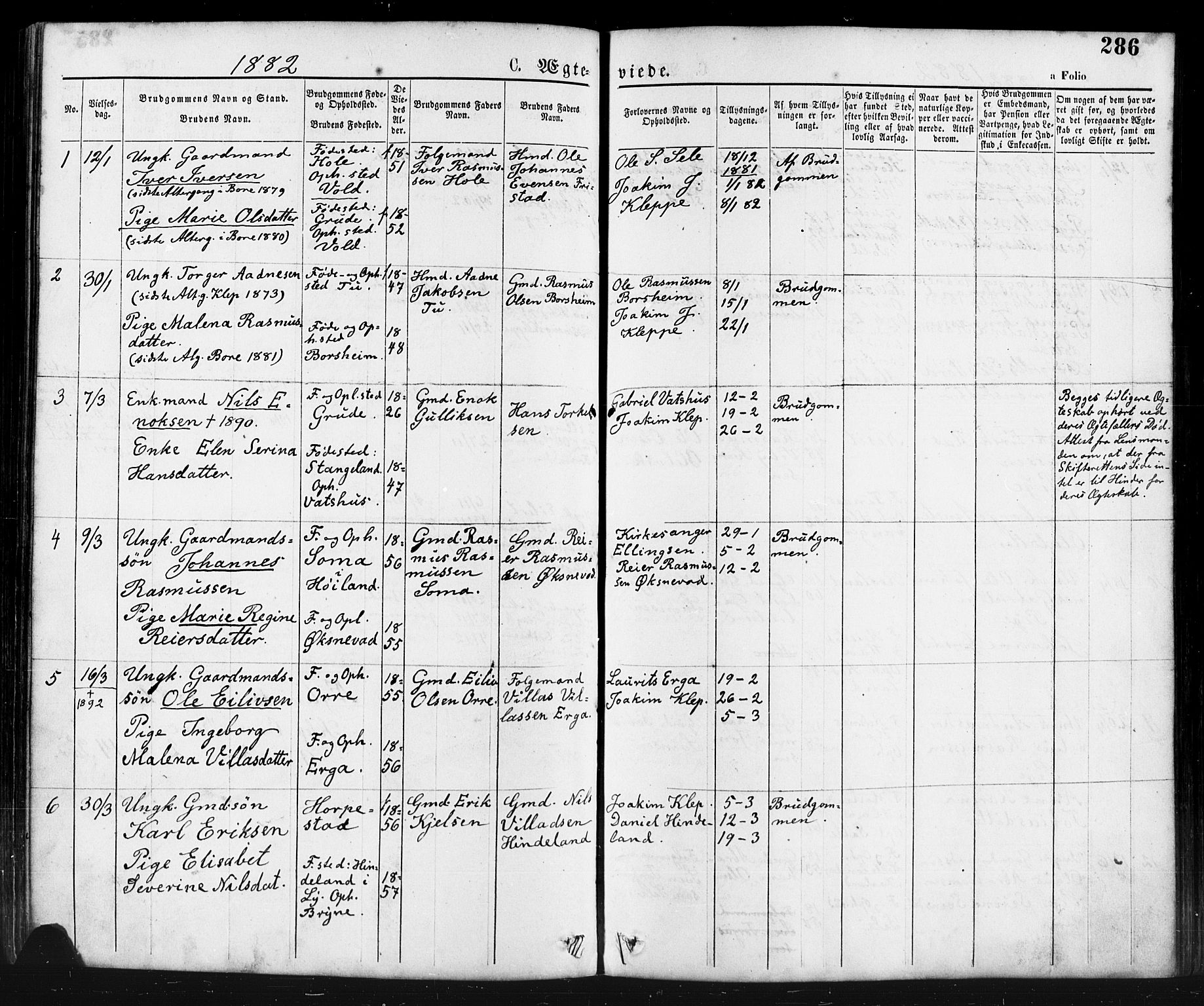 Klepp sokneprestkontor, AV/SAST-A-101803/001/3/30BA/L0006: Parish register (official) no. A 6, 1871-1885, p. 286