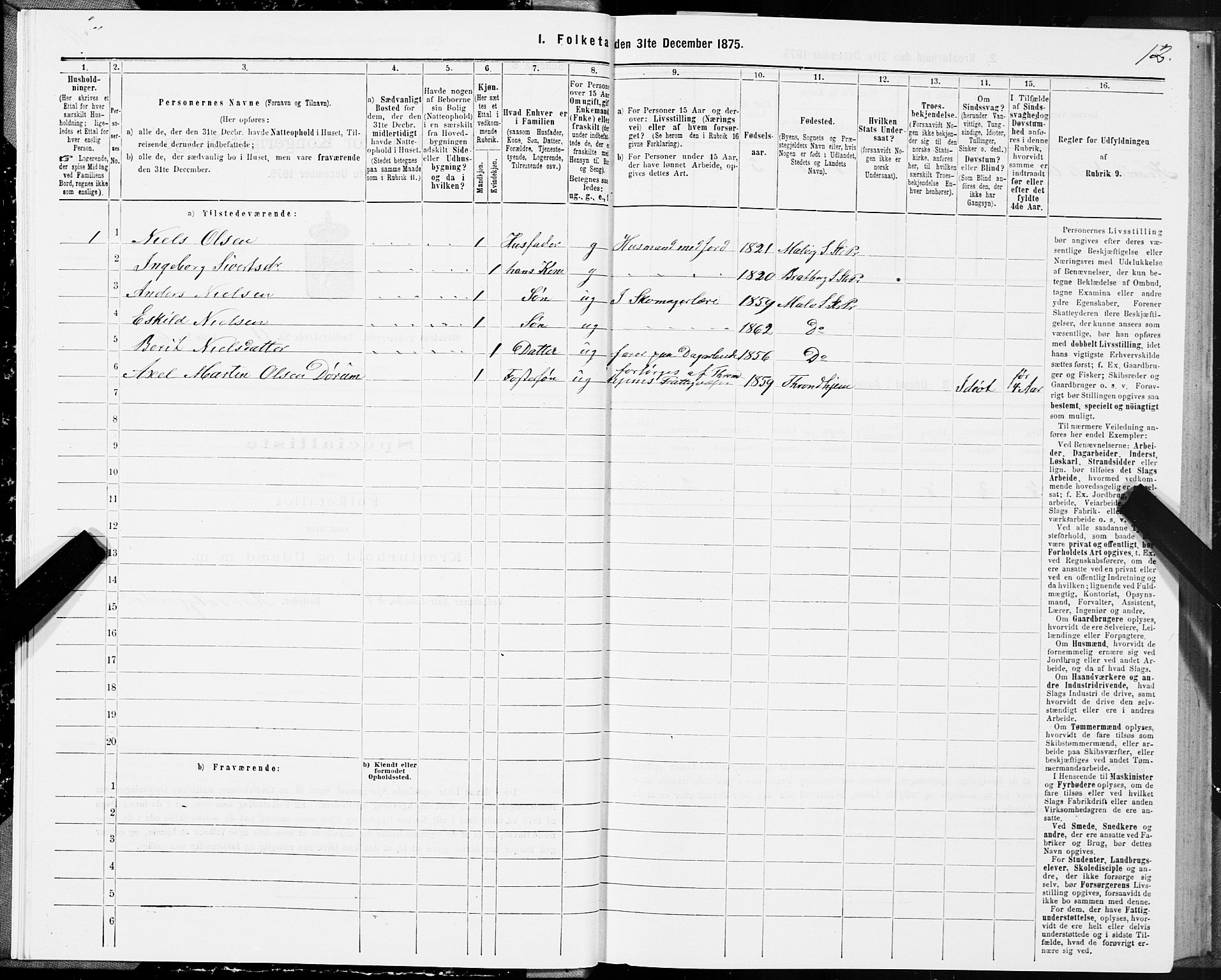 SAT, 1875 census for 1660P Strinda, 1875, p. 7012