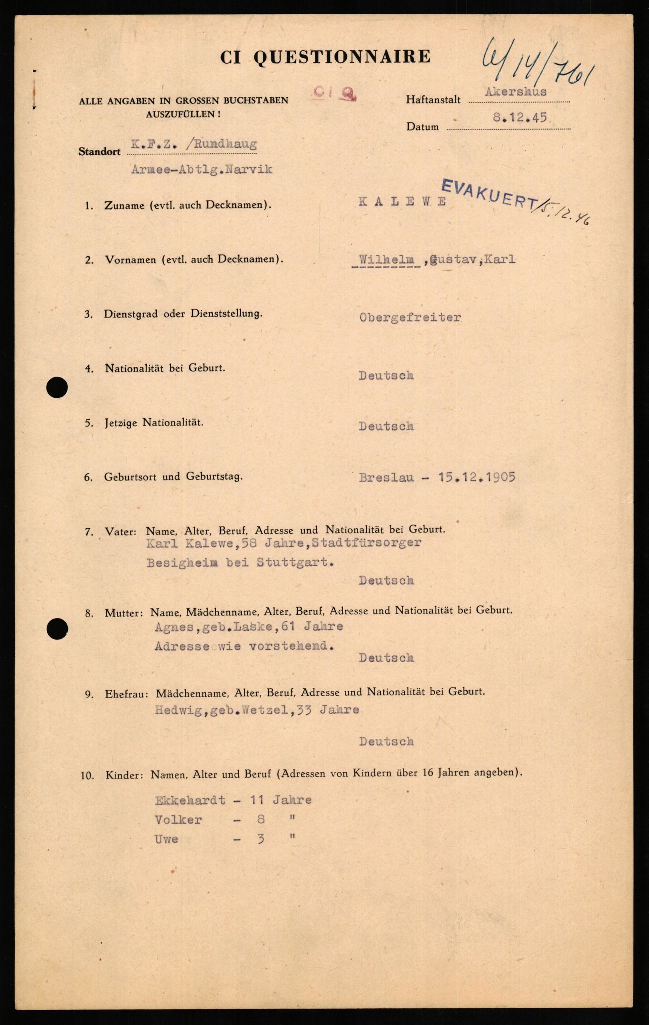 Forsvaret, Forsvarets overkommando II, RA/RAFA-3915/D/Db/L0015: CI Questionaires. Tyske okkupasjonsstyrker i Norge. Tyskere., 1945-1946, p. 317