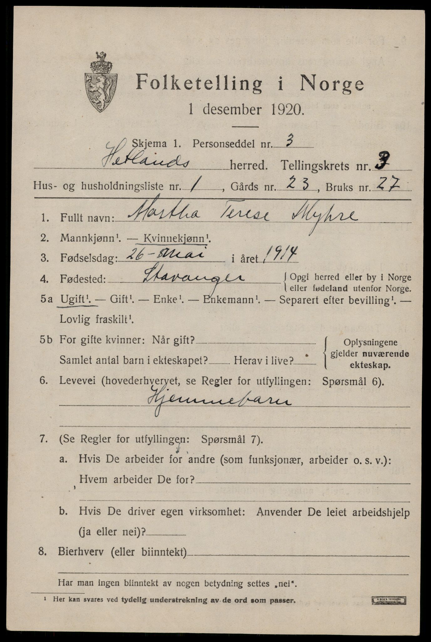 SAST, 1920 census for Hetland, 1920, p. 5213