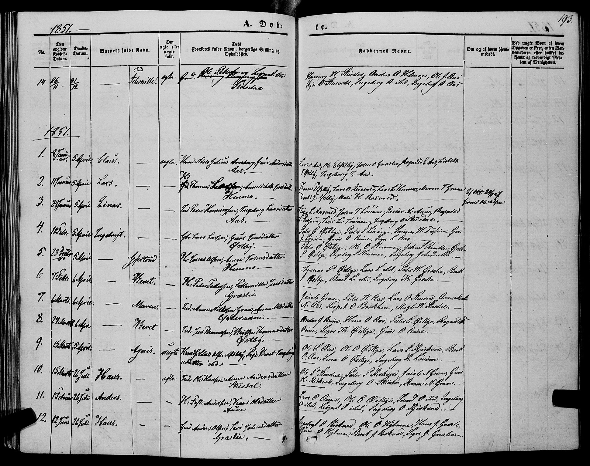 Ministerialprotokoller, klokkerbøker og fødselsregistre - Sør-Trøndelag, SAT/A-1456/695/L1146: Parish register (official) no. 695A06 /2, 1843-1859, p. 193