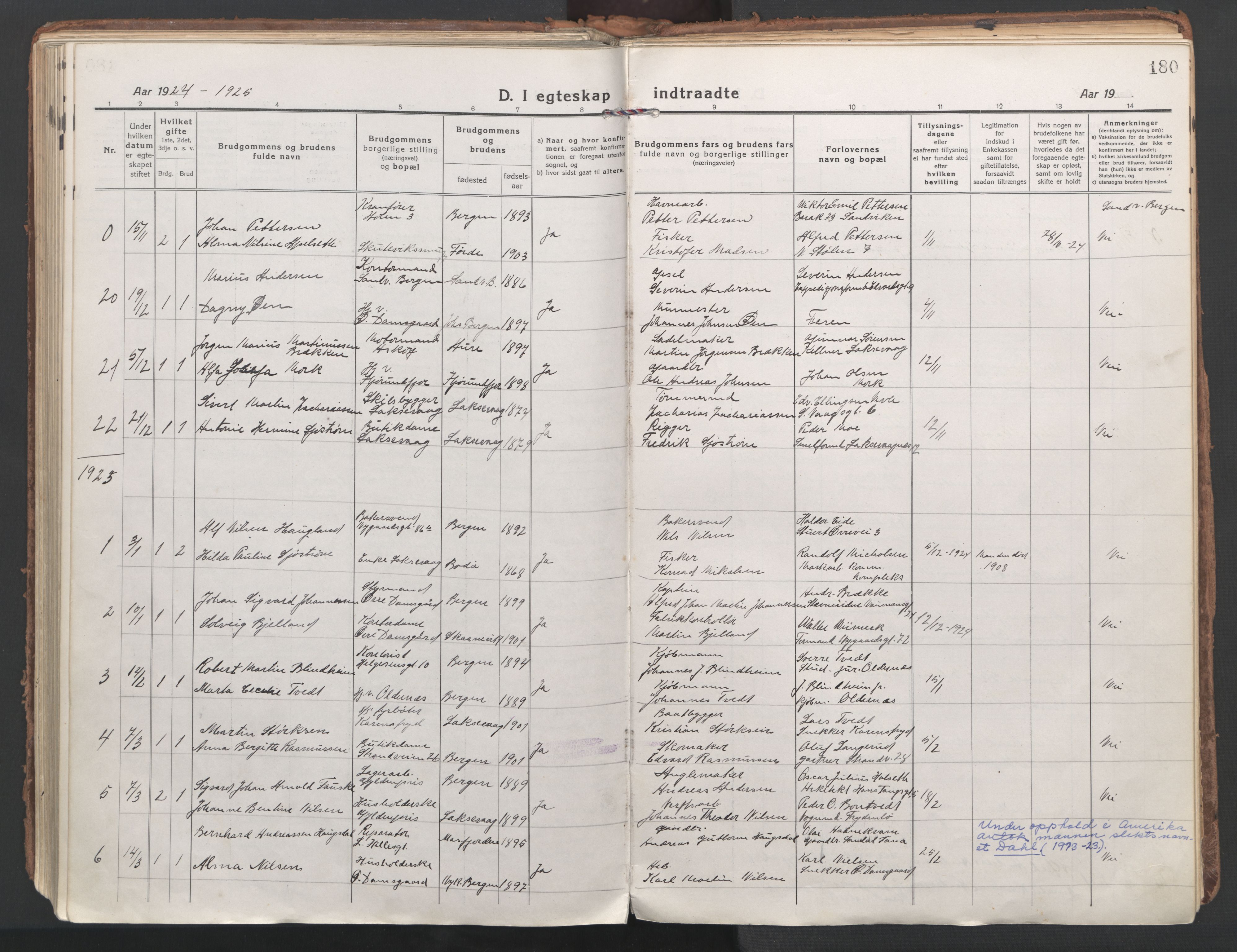 Laksevåg Sokneprestembete, AV/SAB-A-76501/H/Ha/Haa/Haaa/L0002: Parish register (official) no. A 2, 1917-1927, p. 180