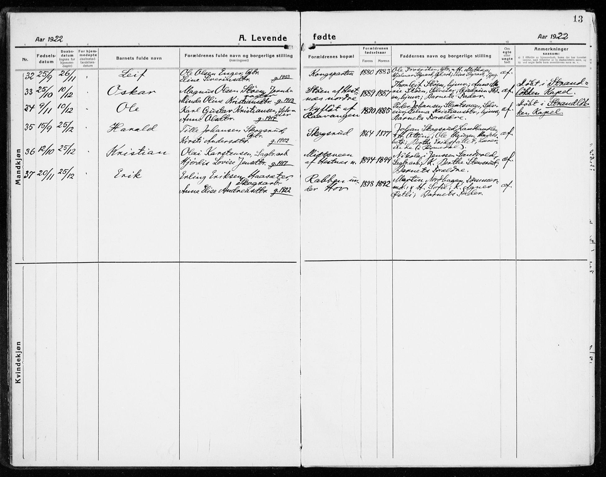 Stange prestekontor, SAH/PREST-002/K/L0025: Parish register (official) no. 25, 1921-1945, p. 13