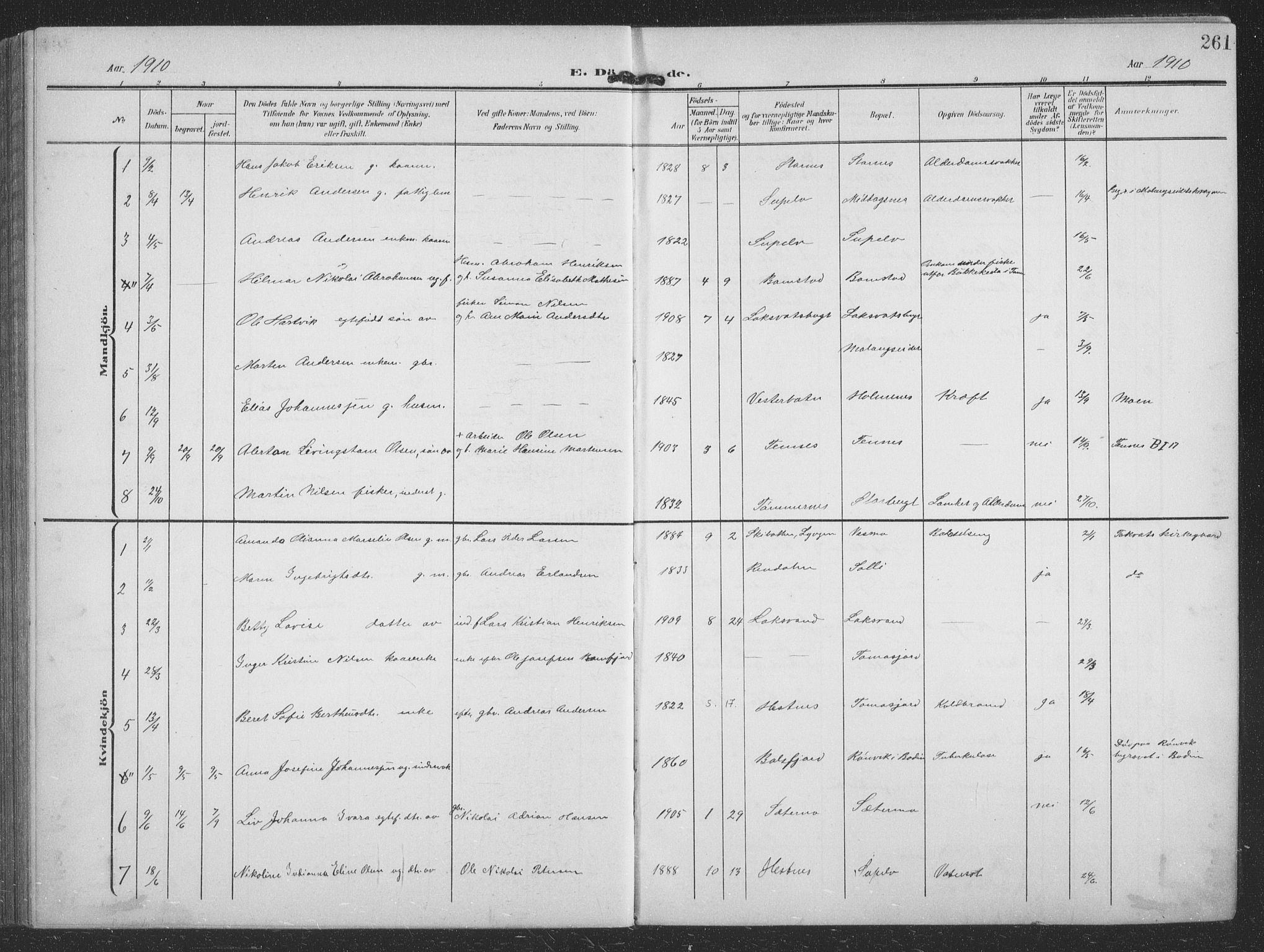Balsfjord sokneprestembete, SATØ/S-1303/G/Ga/L0009klokker: Parish register (copy) no. 9, 1906-1920, p. 261