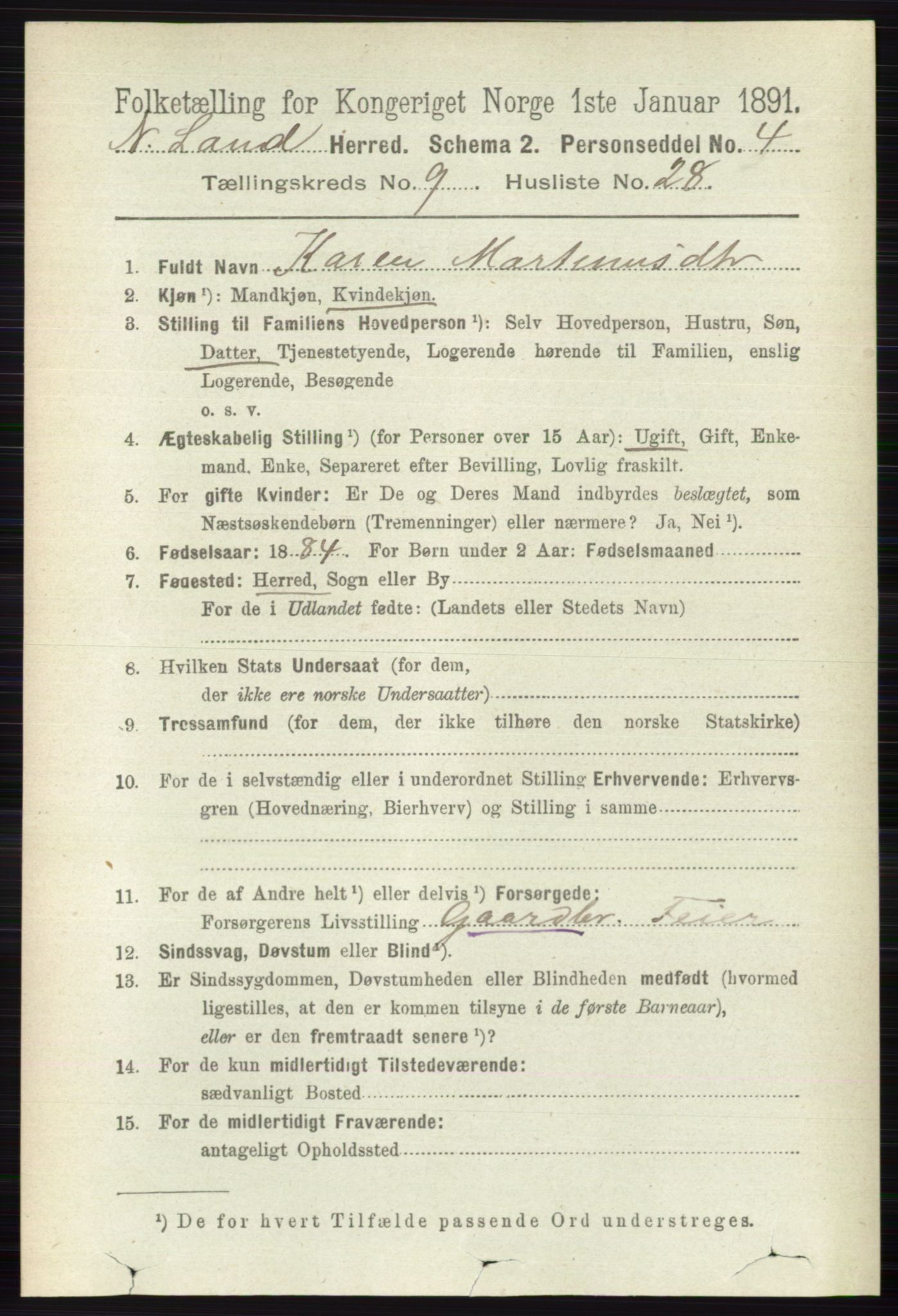 RA, 1891 census for 0538 Nordre Land, 1891, p. 2739