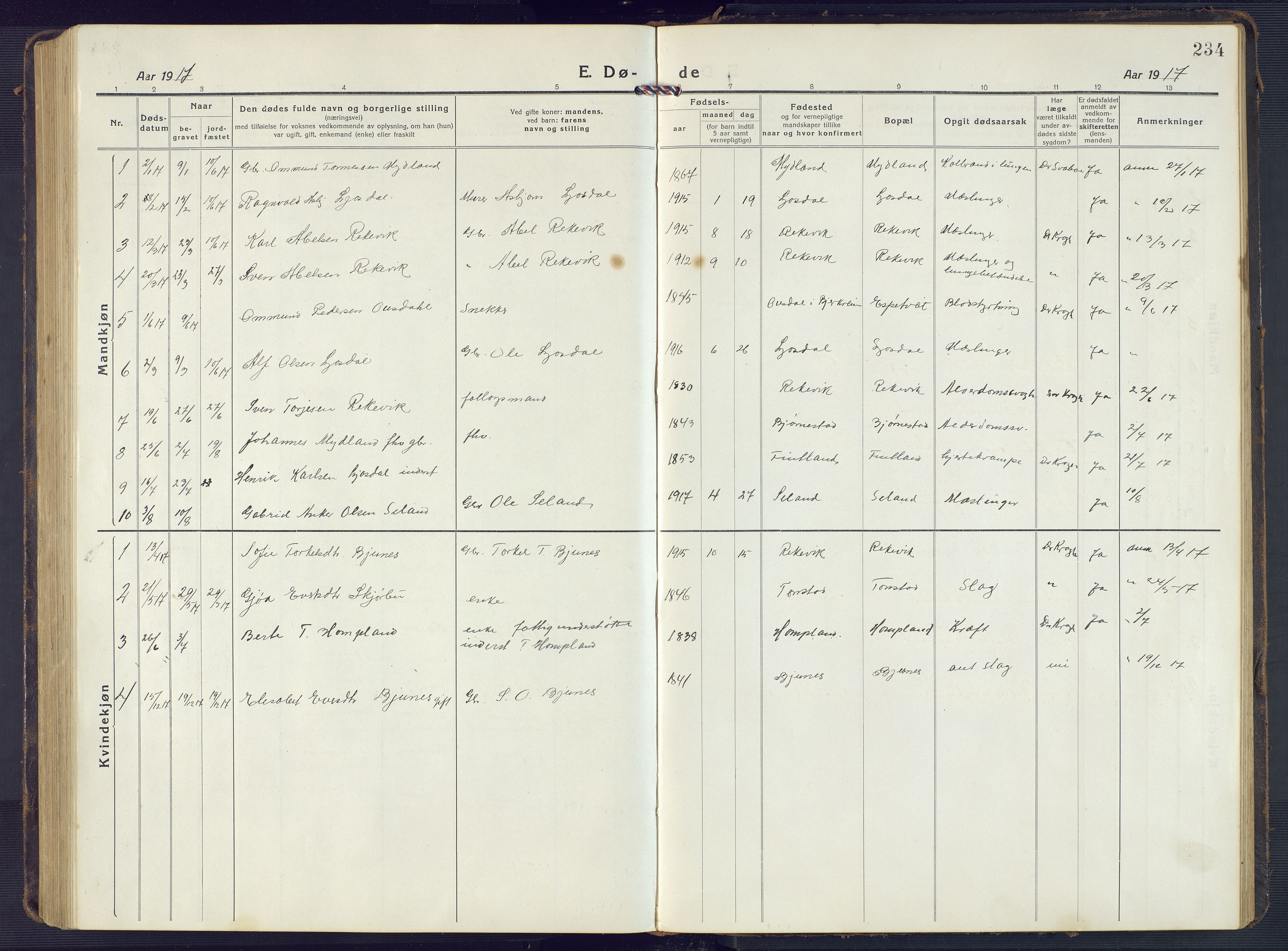 Sirdal sokneprestkontor, SAK/1111-0036/F/Fb/Fbb/L0005: Parish register (copy) no. B 5, 1916-1960, p. 234