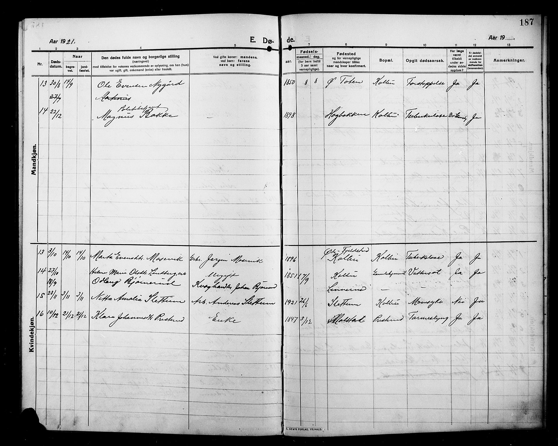 Kolbu prestekontor, SAH/PREST-110/H/Ha/Hab/L0001: Parish register (copy) no. 1, 1912-1925, p. 187