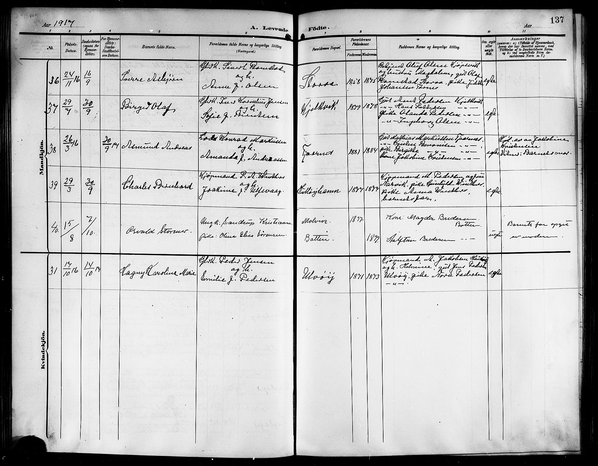 Ministerialprotokoller, klokkerbøker og fødselsregistre - Nordland, AV/SAT-A-1459/861/L0877: Parish register (copy) no. 861C03, 1903-1919, p. 137