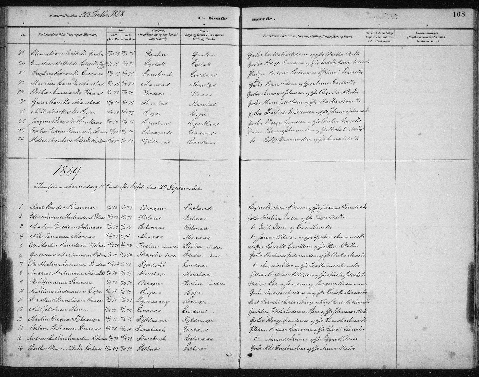 Lindås Sokneprestembete, SAB/A-76701/H/Hab: Parish register (copy) no. B 3, 1886-1914, p. 108