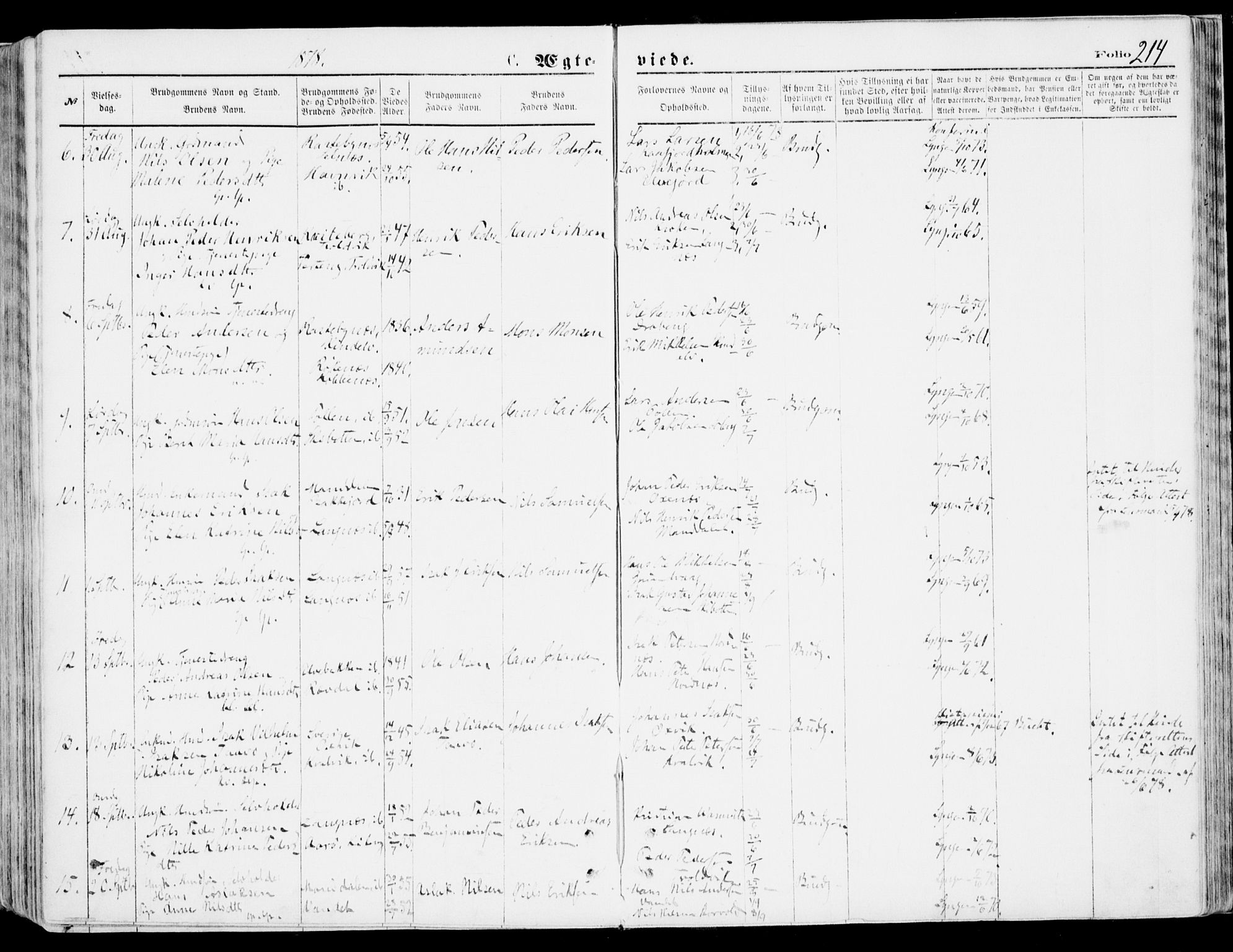 Lyngen sokneprestembete, AV/SATØ-S-1289/H/He/Hea/L0006kirke: Parish register (official) no. 6, 1870-1878, p. 214