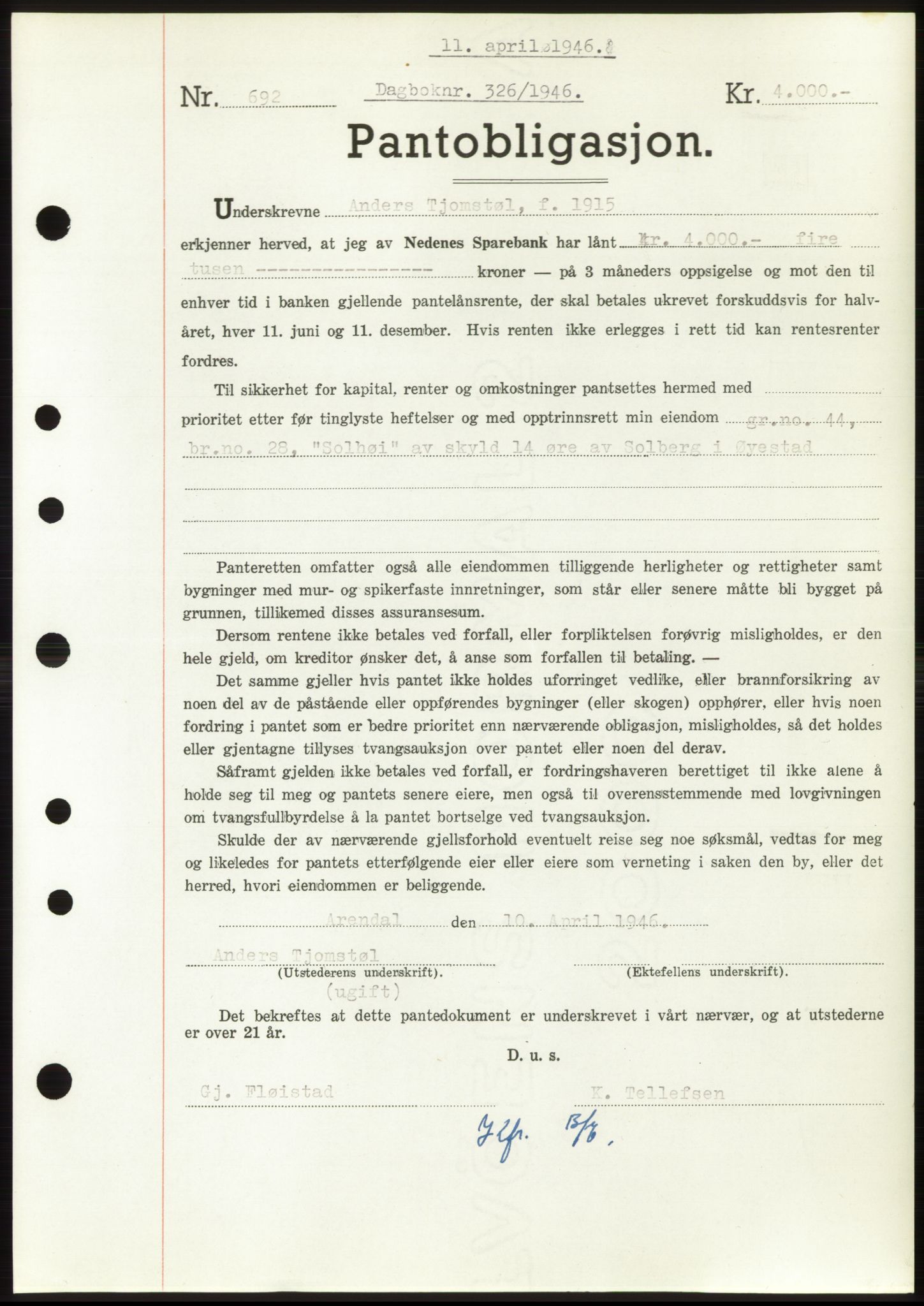 Nedenes sorenskriveri, SAK/1221-0006/G/Gb/Gbb/L0003: Mortgage book no. B3b, 1946-1946, Diary no: : 326/1946
