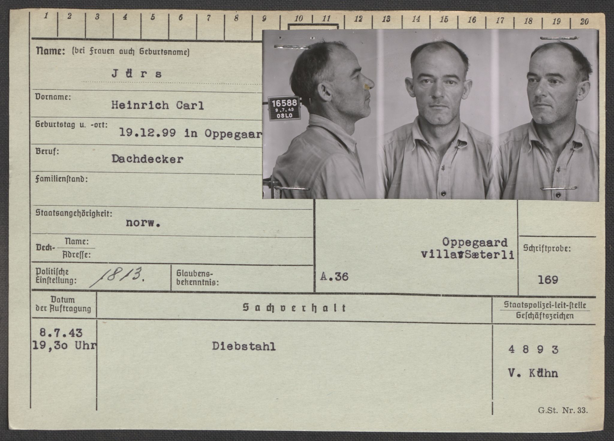 Befehlshaber der Sicherheitspolizei und des SD, RA/RAFA-5969/E/Ea/Eaa/L0005: Register over norske fanger i Møllergata 19: Hø-Kj, 1940-1945, p. 1071