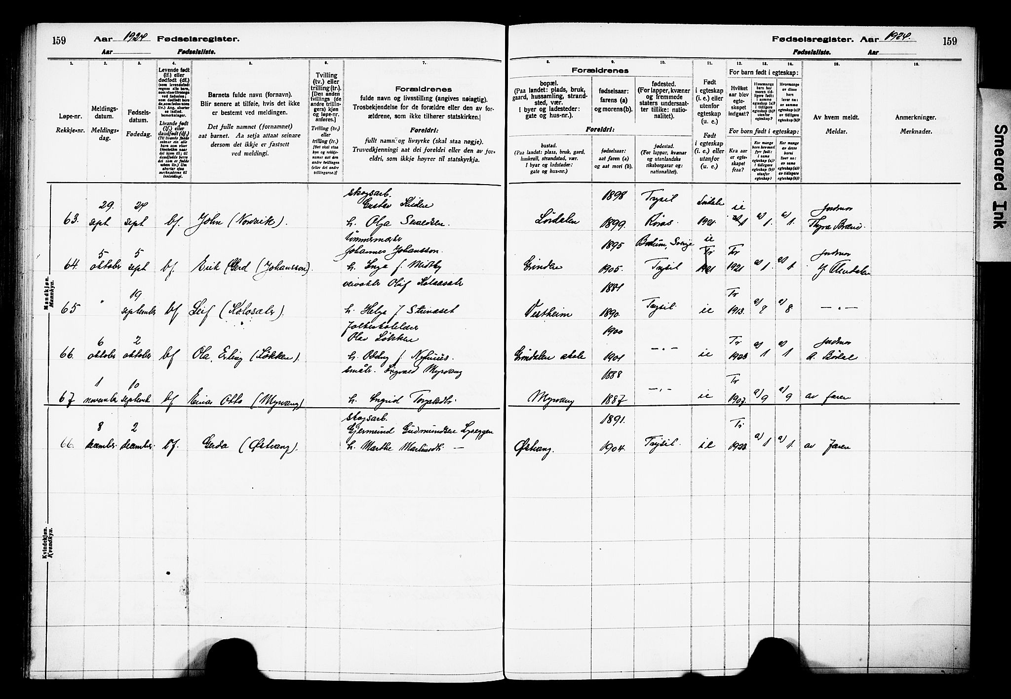 Trysil prestekontor, AV/SAH-PREST-046/I/Id/Ida/L0001: Birth register no. I 1, 1916-1927, p. 159