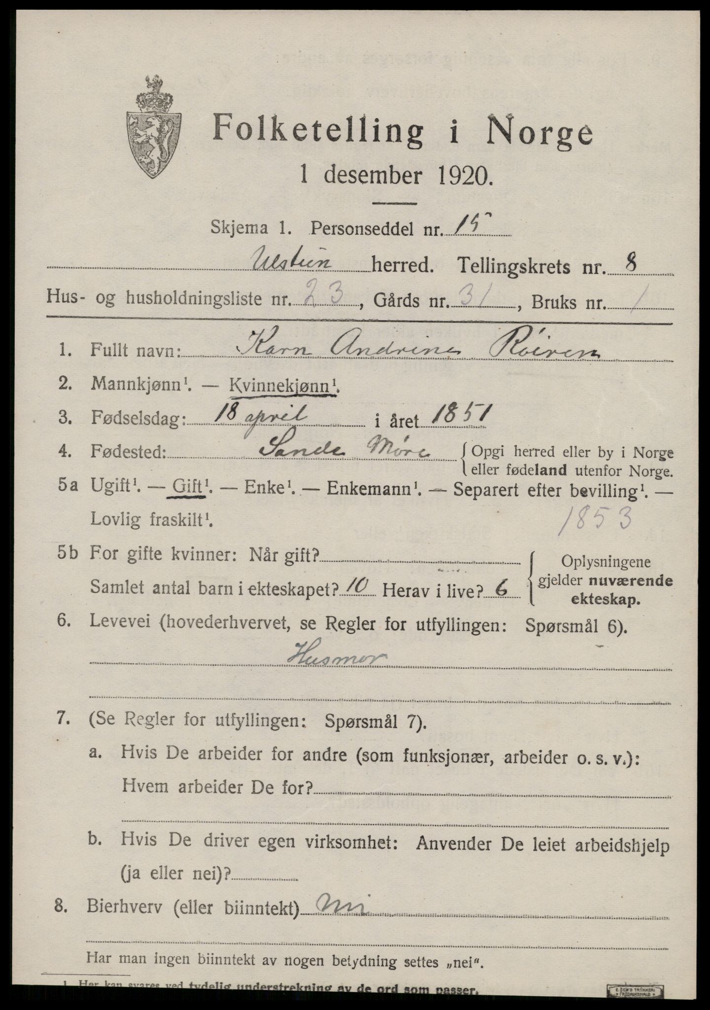 SAT, 1920 census for Ulstein, 1920, p. 4980