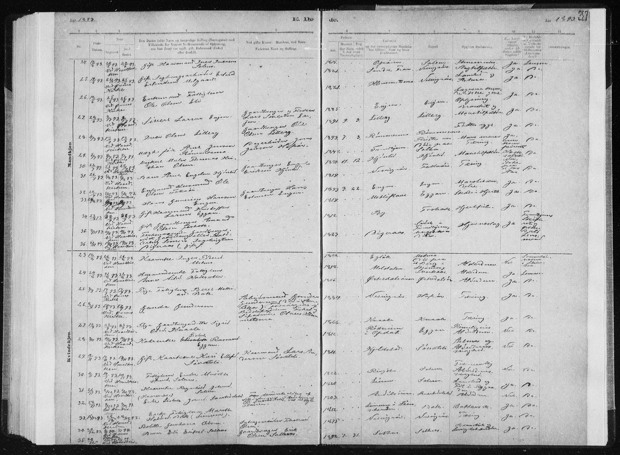 Ministerialprotokoller, klokkerbøker og fødselsregistre - Sør-Trøndelag, AV/SAT-A-1456/668/L0818: Parish register (copy) no. 668C07, 1885-1898, p. 327