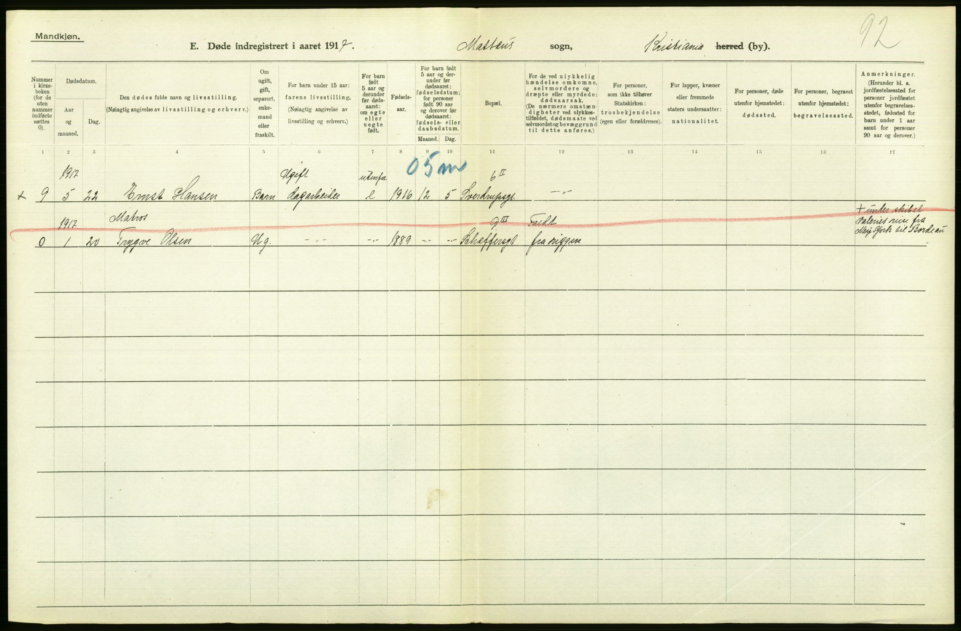 Statistisk sentralbyrå, Sosiodemografiske emner, Befolkning, AV/RA-S-2228/D/Df/Dfb/Dfbg/L0010: Kristiania: Døde, 1917, p. 346