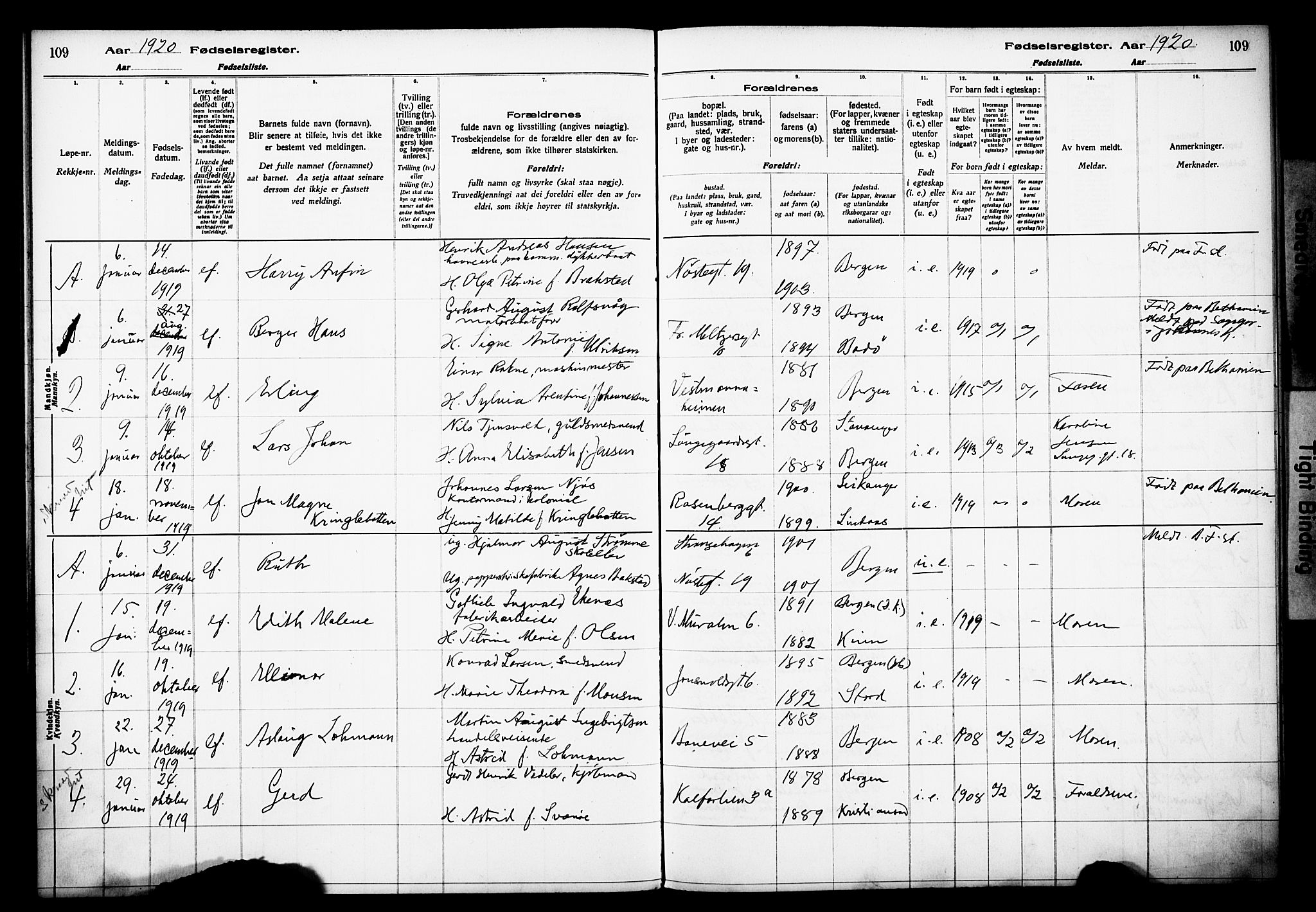 Domkirken sokneprestembete, SAB/A-74801/I/Id/L00A1: Birth register no. A 1, 1916-1923, p. 109