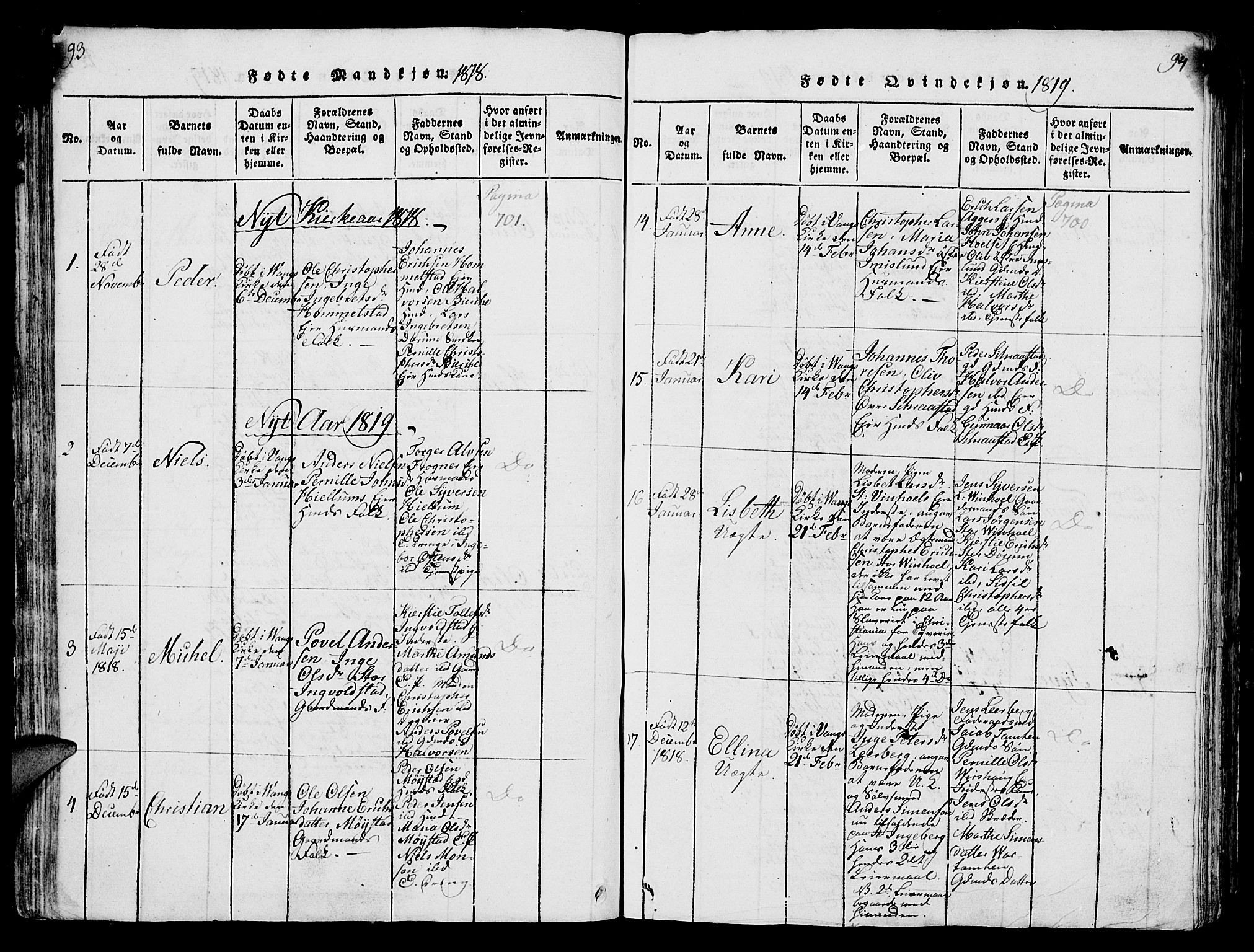 Vang prestekontor, Hedmark, SAH/PREST-008/H/Ha/Hab/L0004: Parish register (copy) no. 4, 1813-1827, p. 93-94