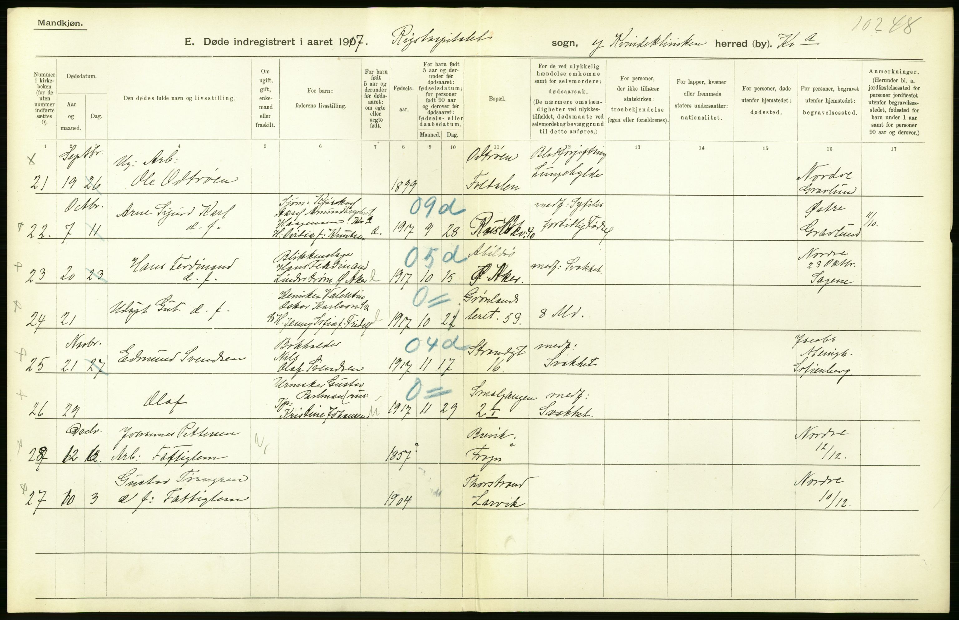 Statistisk sentralbyrå, Sosiodemografiske emner, Befolkning, RA/S-2228/D/Df/Dfb/Dfbg/L0011: Kristiania: Døde, dødfødte., 1917, p. 224