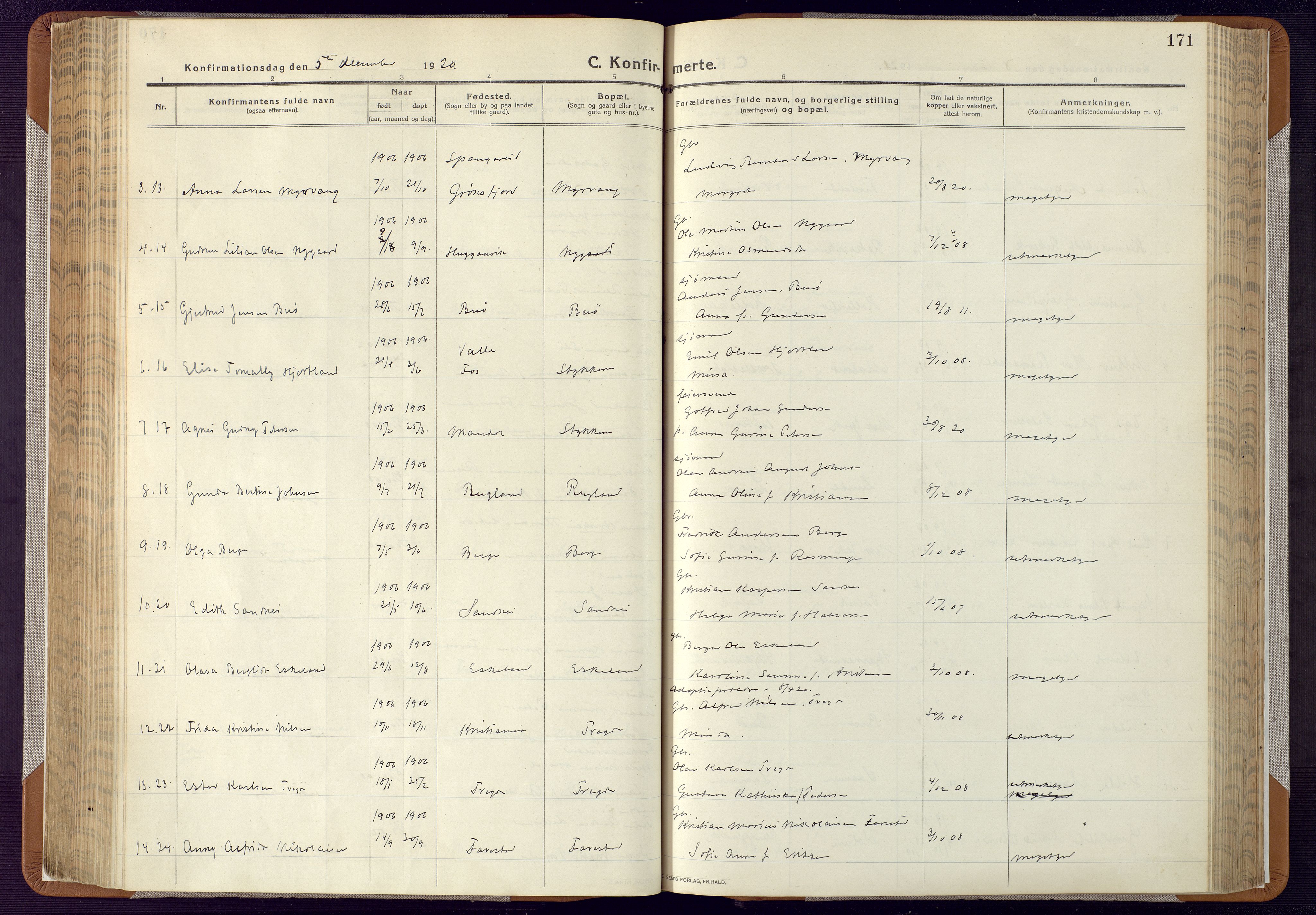 Mandal sokneprestkontor, AV/SAK-1111-0030/F/Fa/Faa/L0022: Parish register (official) no. A 22, 1913-1925, p. 171