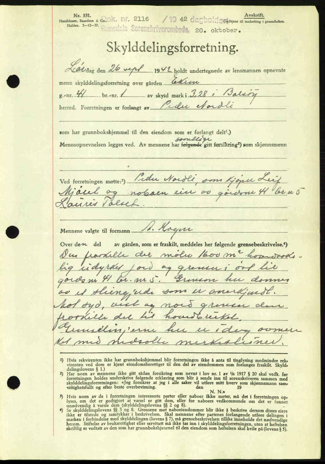 Romsdal sorenskriveri, AV/SAT-A-4149/1/2/2C: Mortgage book no. A13, 1942-1943, Diary no: : 2116/1942