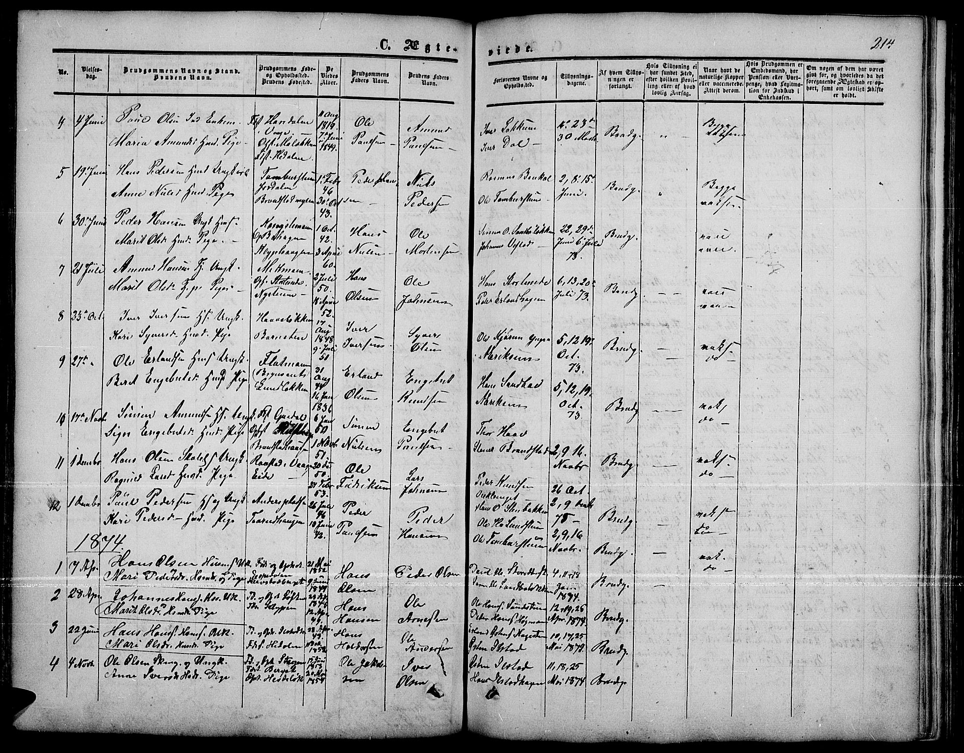 Nord-Fron prestekontor, SAH/PREST-080/H/Ha/Hab/L0001: Parish register (copy) no. 1, 1851-1883, p. 214