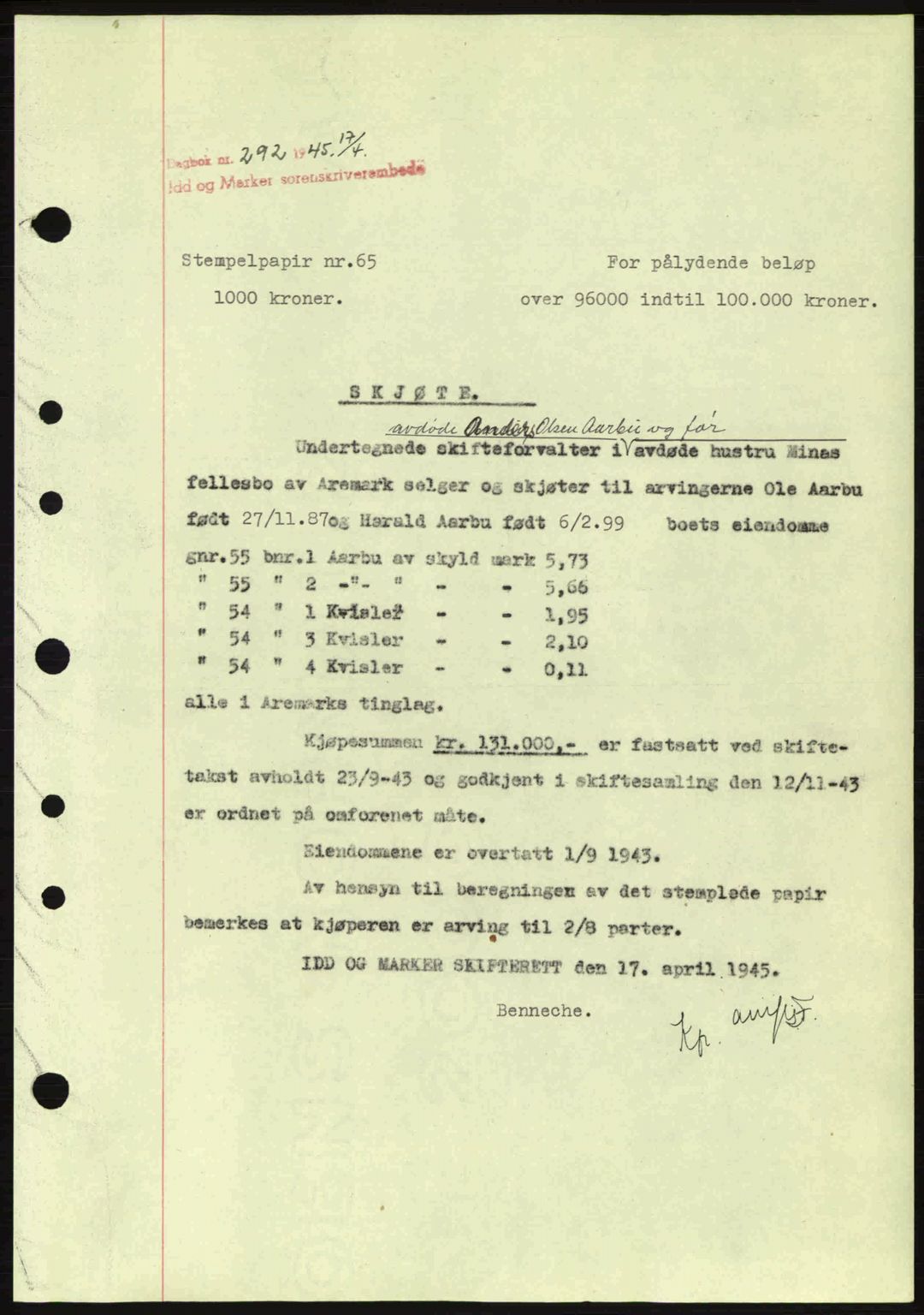 Idd og Marker sorenskriveri, AV/SAO-A-10283/G/Gb/Gbb/L0007: Mortgage book no. A7, 1944-1945, Diary no: : 292/1945