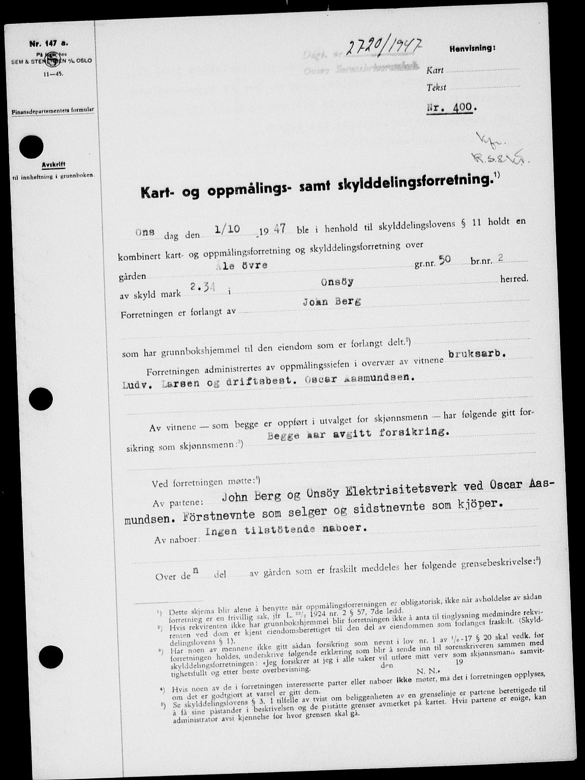 Onsøy sorenskriveri, SAO/A-10474/G/Ga/Gab/L0021: Mortgage book no. II A-21, 1947-1947, Diary no: : 2720/1947