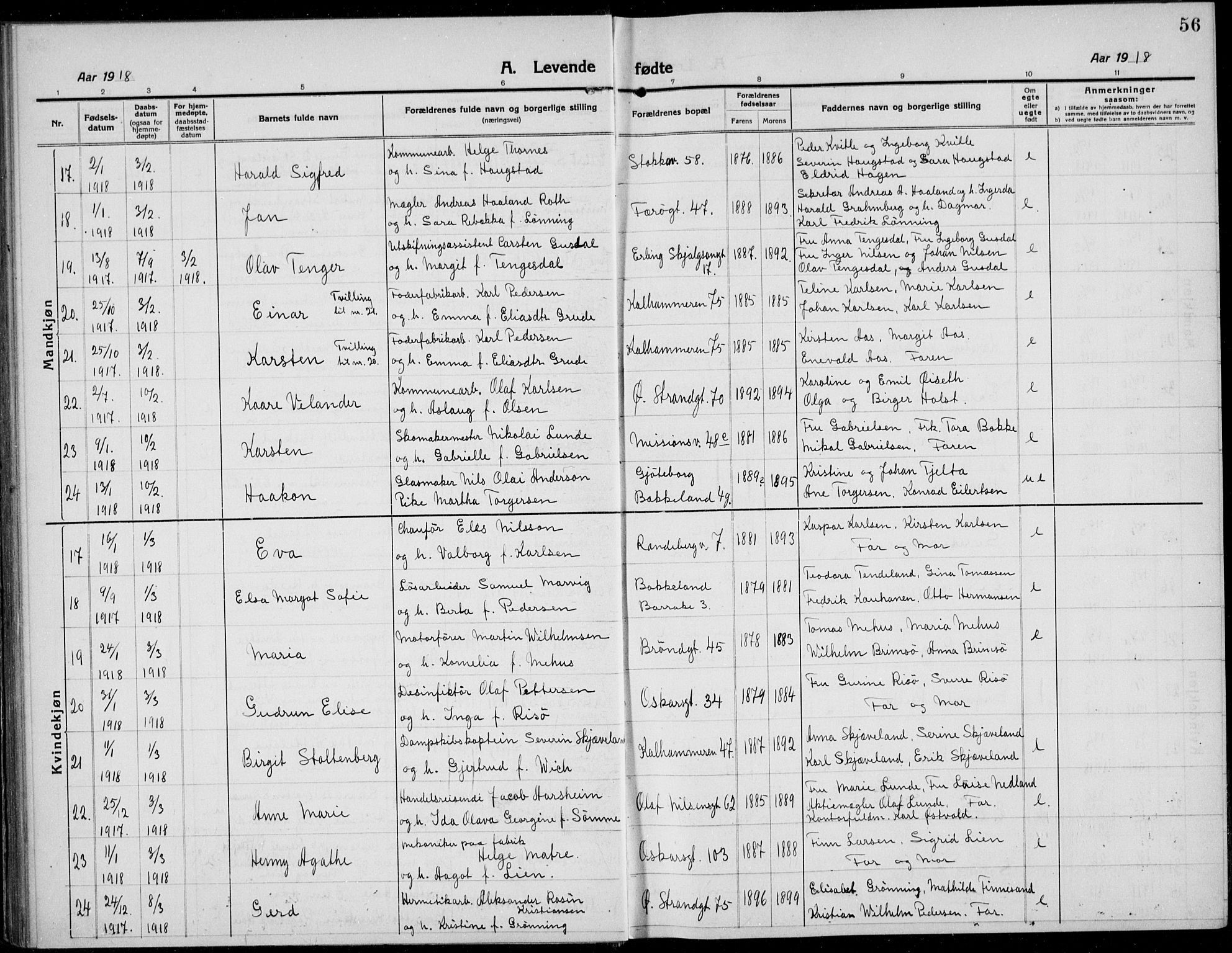 Domkirken sokneprestkontor, AV/SAST-A-101812/001/30/30BB/L0019: Parish register (copy) no. B 19, 1915-1932, p. 56