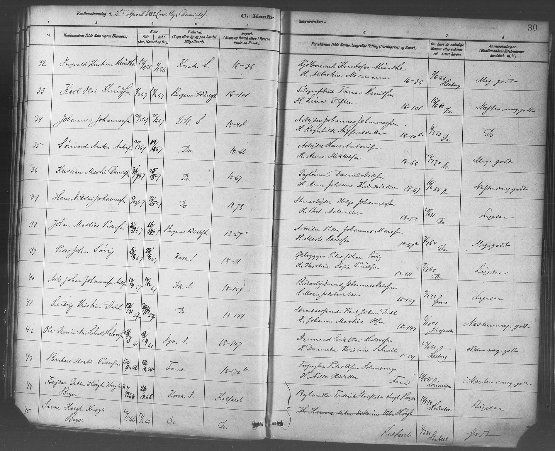 Domkirken sokneprestembete, SAB/A-74801/H/Haa/L0030: Parish register (official) no. C 5, 1880-1898, p. 30