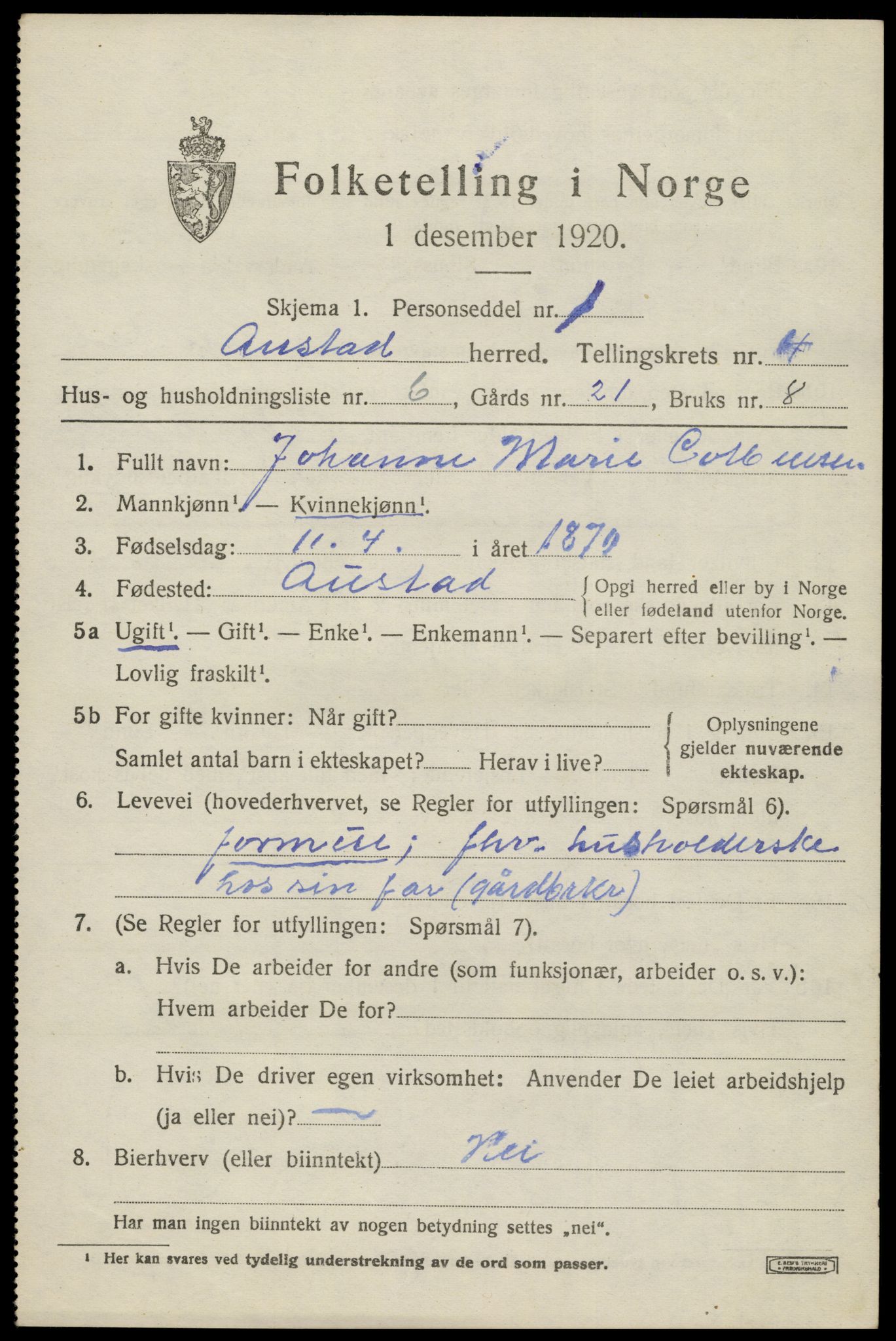 SAK, 1920 census for Austad, 1920, p. 1449