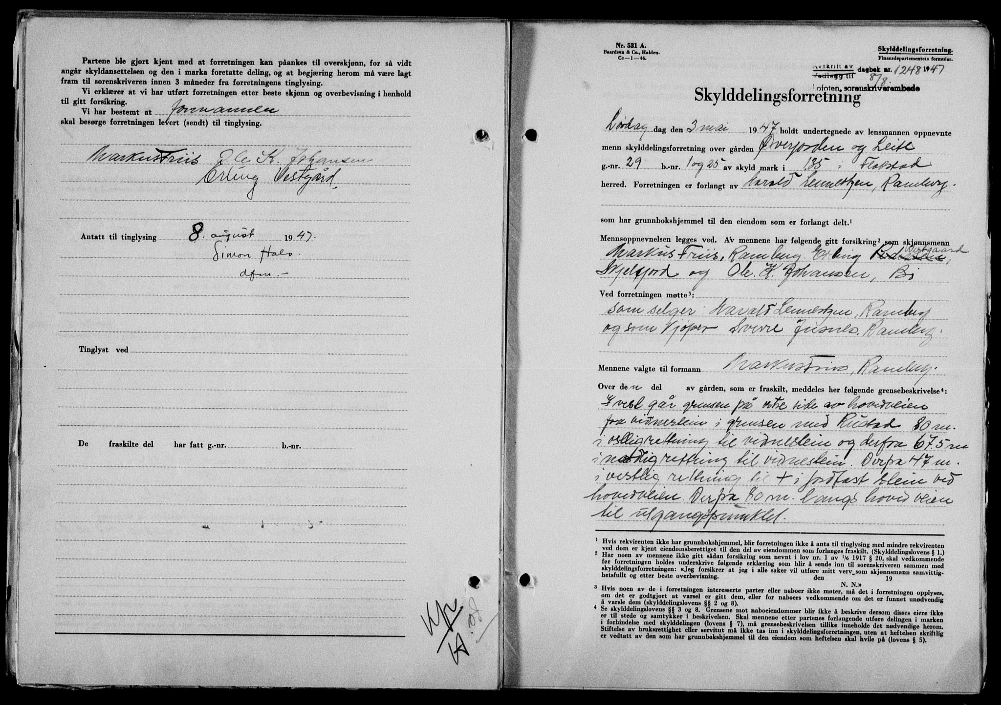 Lofoten sorenskriveri, SAT/A-0017/1/2/2C/L0016a: Mortgage book no. 16a, 1947-1947, Diary no: : 1248/1947
