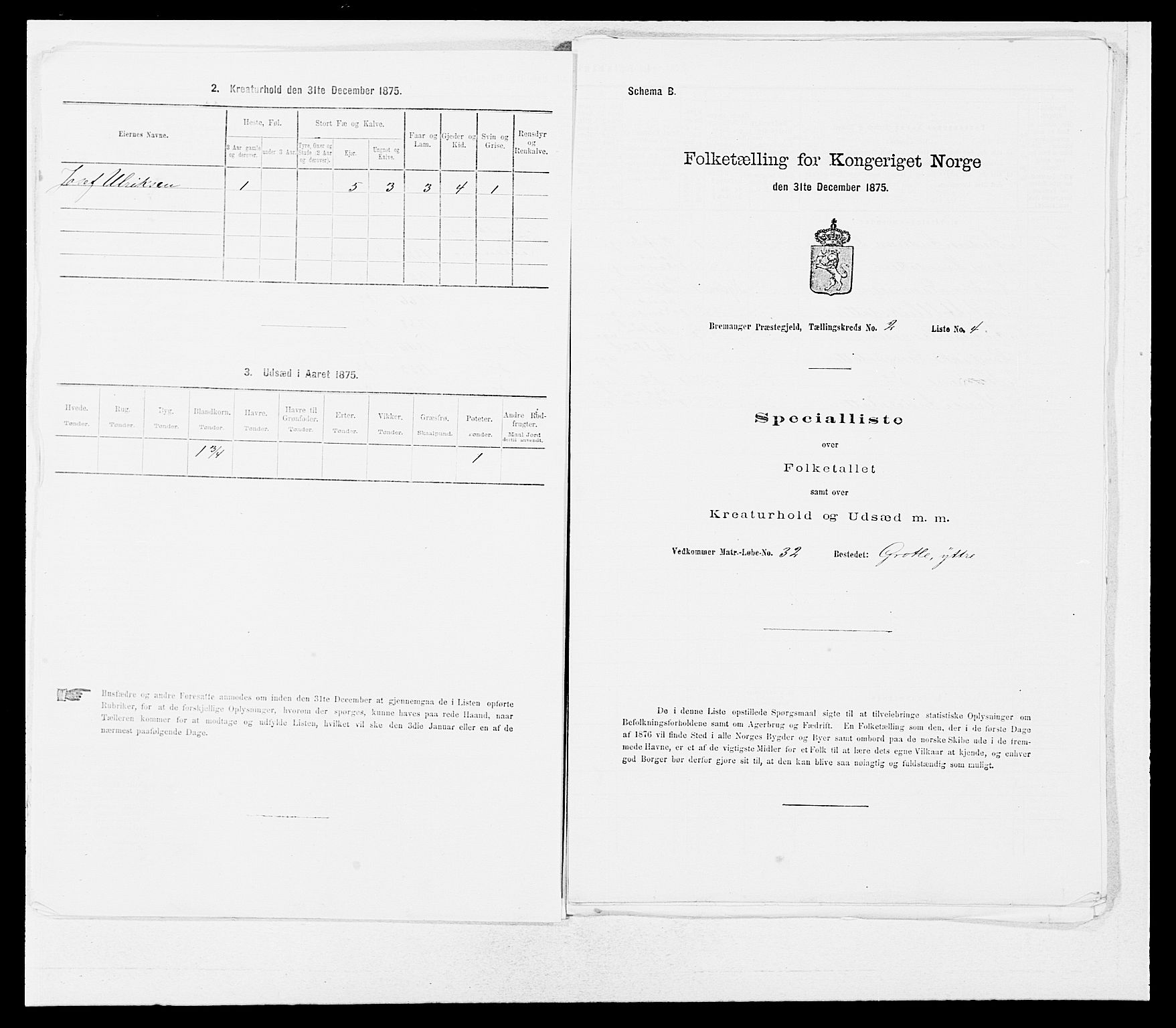 SAB, 1875 Census for 1438P Bremanger, 1875, p. 181