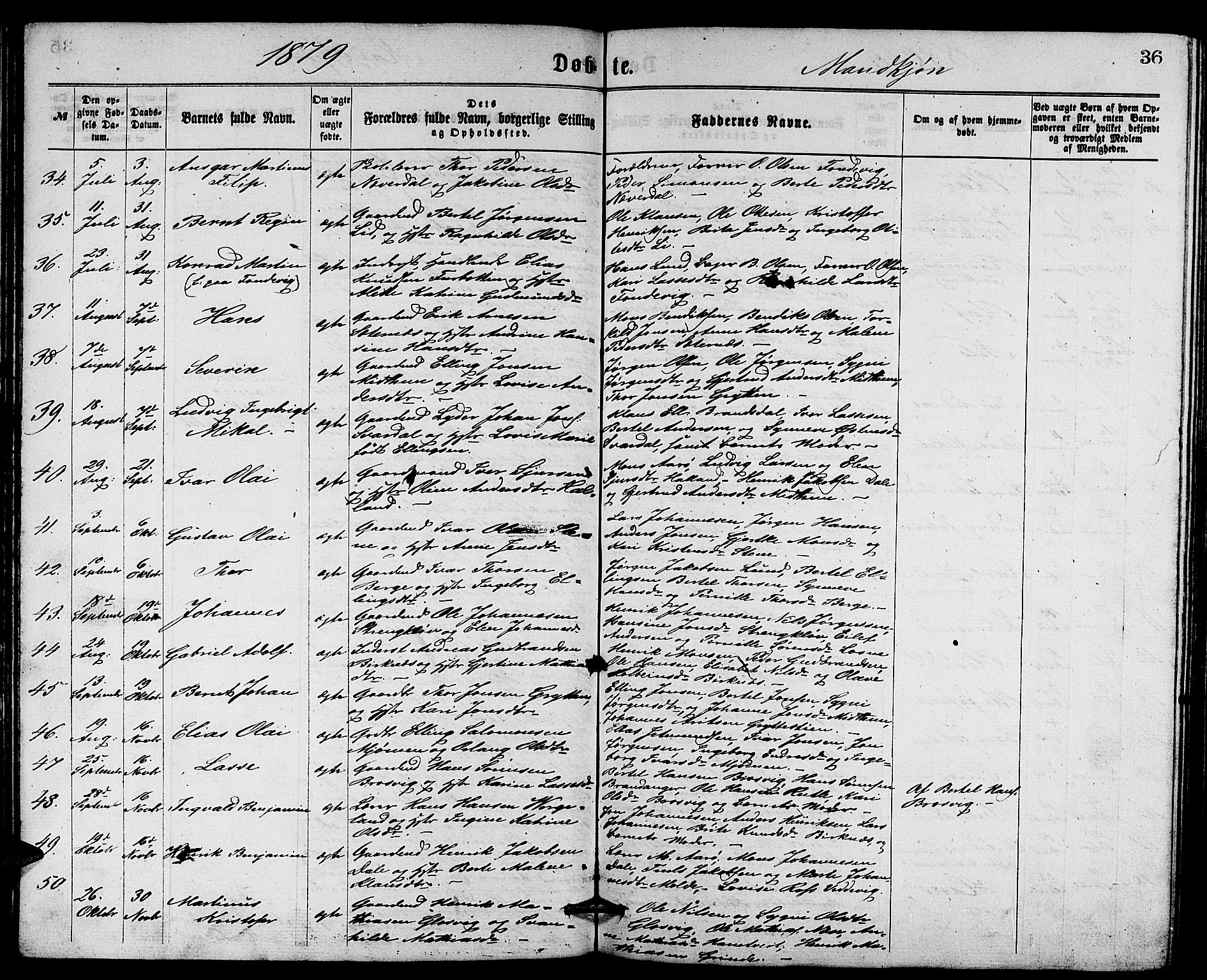 Gulen sokneprestembete, AV/SAB-A-80201/H/Hab/Habb/L0002: Parish register (copy) no. B 2, 1867-1883, p. 36