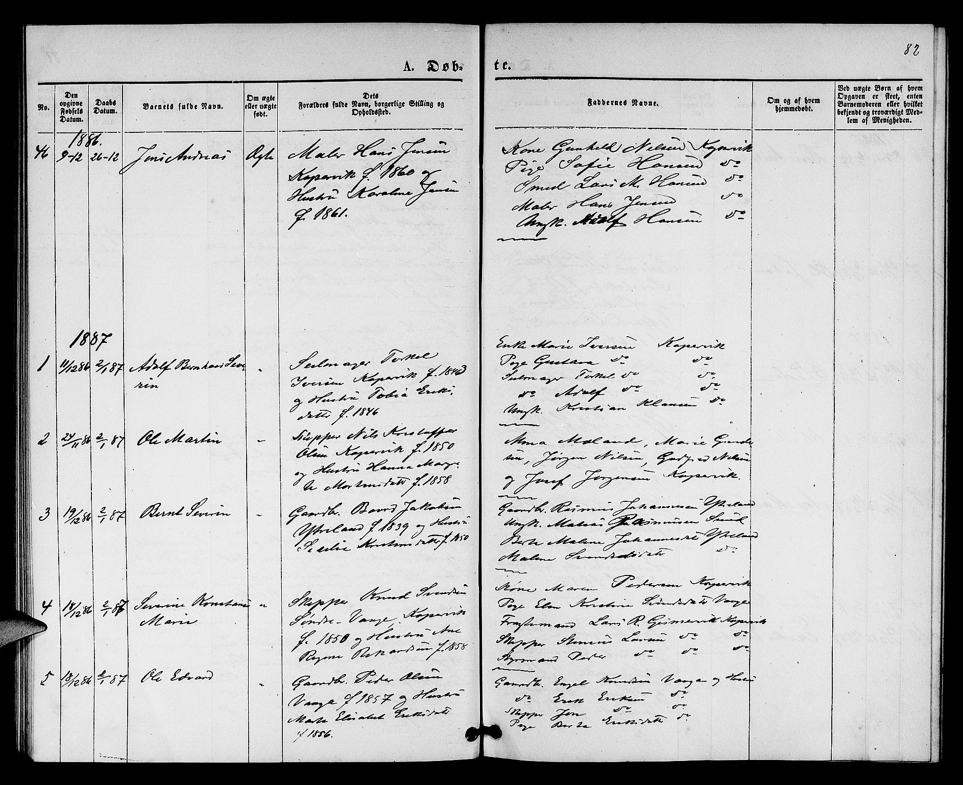 Kopervik sokneprestkontor, SAST/A-101850/H/Ha/Hab/L0001: Parish register (copy) no. B 1, 1877-1891, p. 82