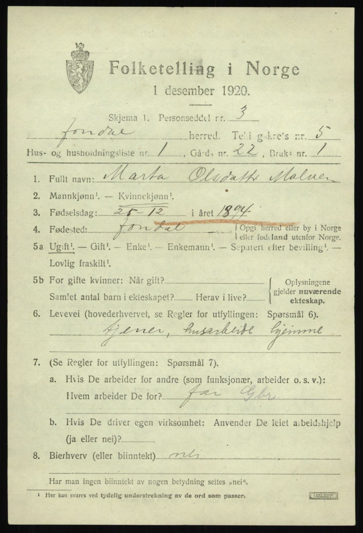 SAB, 1920 census for Jondal, 1920, p. 2496